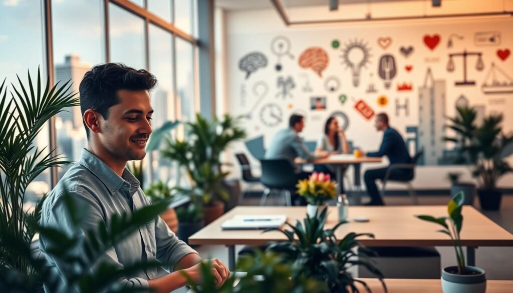 A serene office space with large windows overlooking a bustling city skyline. In the foreground, a focused employee engrossed in their work, their face expressing a sense of calm and contentment. Surrounding them, potted plants and natural light create a soothing, rejuvenating atmosphere. In the middle ground, colleagues collaborating at a conference table, their body language suggesting open communication and mutual understanding. In the background, a mural depicting stylized illustrations of mental health symbols, such as a brain, a heart, and a balance scale, highlighting the importance of workplace well-being. The scene is bathed in warm, soft lighting, conveying a sense of harmony and mindfulness.