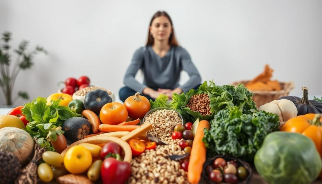 A serene, well-balanced scene depicting nutrition and mental health. In the foreground, an array of vibrant, nutrient-rich whole foods - fresh produce, whole grains, legumes, and healthy fats. In the middle ground, a person sitting in a comfortable, contemplative pose, their expression calm and focused. The background is a soothing, nature-inspired setting, with soft lighting and a sense of tranquility. The overall atmosphere conveys a harmonious integration of nourishing the body and nourishing the mind, symbolizing the holistic approach to recovery and well-being.