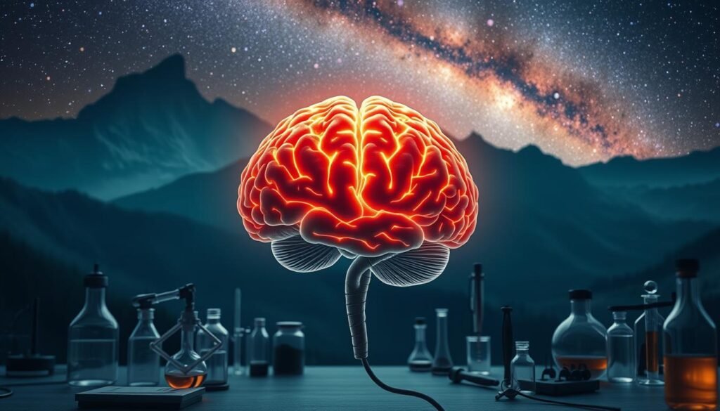 A striking visual representation of behavioral neuroscience, showcasing the intricate connections between the brain and human behavior. Centered in the foreground, a detailed anatomical illustration of the human brain, its neural pathways illuminated in a soft, warm glow. In the middle ground, various scientific instruments and equipment, hinting at the meticulous research and experiments conducted in this field. The background is a serene, contemplative landscape, with towering mountains and a starry night sky, symbolizing the depth of understanding and the expansive potential of this discipline. The overall mood is one of intellectual curiosity, scientific rigor, and the profound insights that behavioral neuroscience can offer into the human experience.