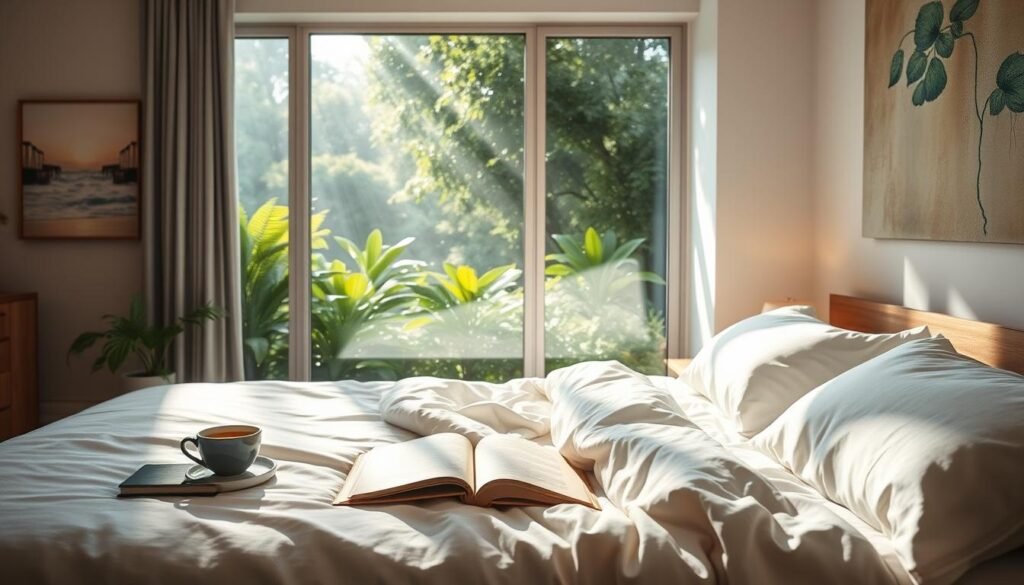 A tranquil bedroom bathed in soft, natural light, with a comfortable bed draped in cozy linens. On the nightstand, a cup of herbal tea and a book wait patiently. The walls are adorned with soothing, abstract artwork, creating a sense of calm and restfulness. A large window offers a view of a lush, verdant garden, where sunbeams dance through the foliage. The atmosphere is one of serene relaxation, inviting the mind to unwind and recharge. The overall scene evokes a restorative respite, a haven for the brain to rest and rejuvenate.