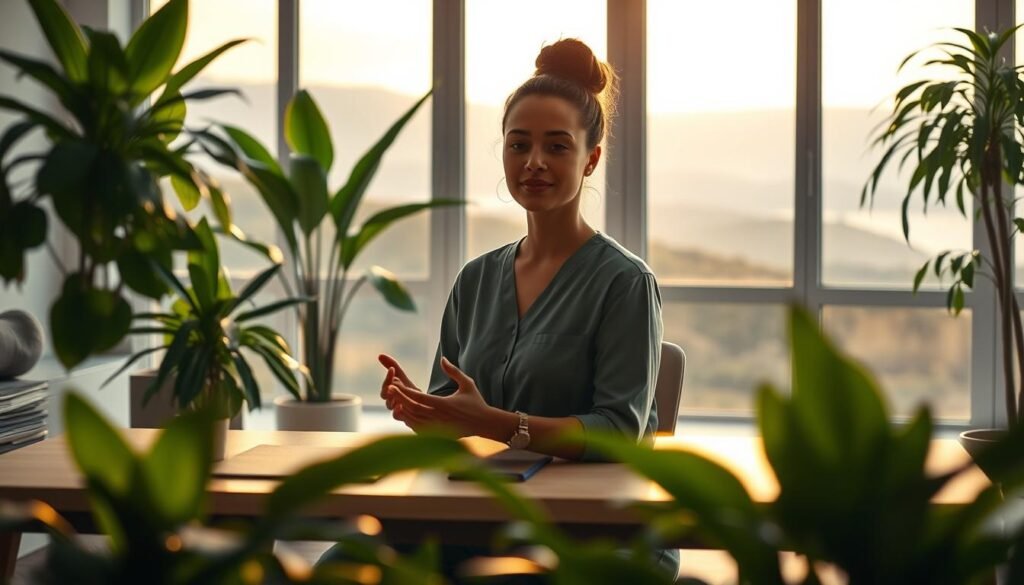 A tranquil, minimalist office scene depicting prevention of burnout for healthcare professionals. In the foreground, a person sits at a desk, hands relaxed, face serene, surrounded by lush indoor plants. Gentle natural lighting filters in through large windows, casting a warm, soothing glow. In the middle ground, a yoga mat and meditation cushion suggest moments of mindfulness and rejuvenation. The background showcases a serene landscape, perhaps rolling hills or a calming seascape, hinting at the importance of work-life balance. The overall atmosphere evokes a sense of calm, rejuvenation, and an intentional approach to mitigating burnout.