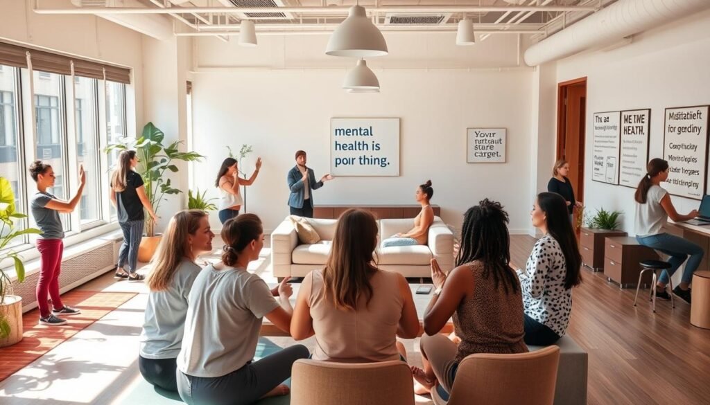 A vibrant and serene office space, with natural light streaming through large windows. Employees engaged in various wellness activities - yoga, meditation, mindful conversations, or simply enjoying a relaxing break. Soft, earthy tones throughout, creating a calming atmosphere. In the foreground, a group of employees gathering around a central table, their expressions reflecting a sense of connection, support, and overall well-being. The middle ground features a small lounge area with comfortable furniture, inviting employees to recharge. The background showcases motivational wall art and informative signage promoting mental health resources and initiatives. A holistic, employee-centric environment that prioritizes mental health and fosters a culture of care.