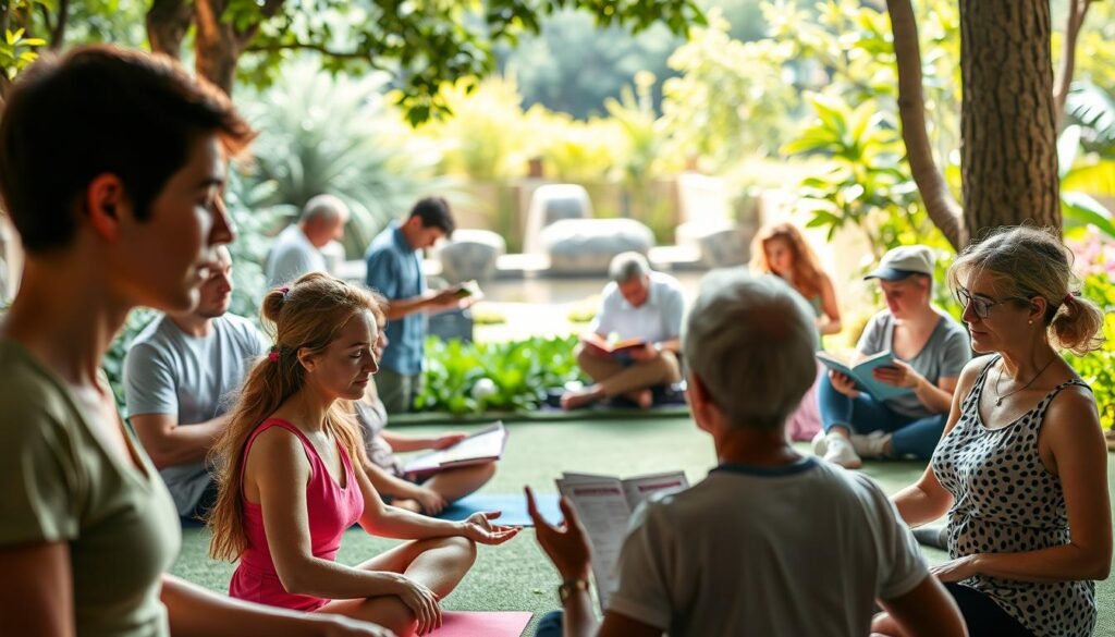 A vibrant, well-lit scene depicting a group of people engaged in various brain-stimulating exercises. In the foreground, individuals are shown performing yoga poses, brain teasers, and memory games, their faces expressing a sense of concentration and mental focus. The middle ground features people reading books, solving puzzles, and participating in group discussions, conveying the collaborative and interactive nature of cognitive activities. In the background, a serene, natural setting with lush greenery and a calming water feature serves as the backdrop, creating a peaceful and rejuvenating atmosphere conducive to brain health and wellness. The overall composition and lighting evoke a sense of harmony, balance, and the powerful connection between physical, mental, and emotional well-being.