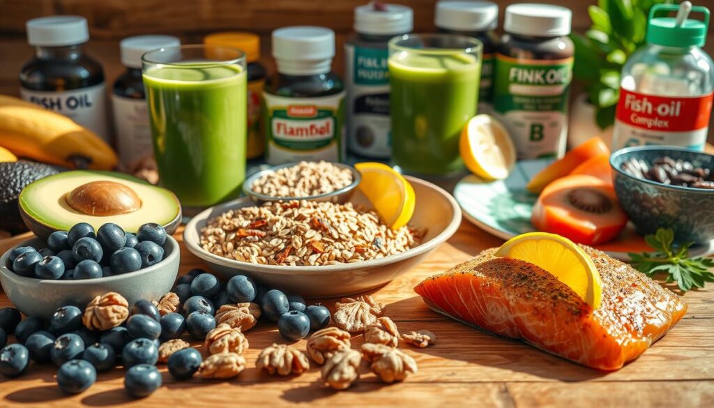 A brightly lit close-up shot of a variety of healthy brain-boosting foods arranged on a wooden table. In the foreground, there are fresh blueberries, walnuts, avocado slices, and a bowl of oatmeal. In the middle ground, a glass of green smoothie and a plate of salmon fillet with lemon wedges. The background features a selection of supplements like fish oil capsules, vitamin B complex, and ginkgo biloba. The scene is bathed in warm, natural lighting, highlighting the vibrant colors and textures of the ingredients. The overall mood is one of nourishment and cognitive vitality. A brightly lit close-up shot of a variety of healthy brain-boosting foods arranged on a wooden table. In the foreground, there are fresh blueberries, walnuts, avocado slices, and a bowl of oatmeal. In the middle ground, a glass of green smoothie and a plate of salmon fillet with lemon wedges. The background features a selection of supplements like fish oil capsules, vitamin B complex, and ginkgo biloba. The scene is bathed in warm, natural lighting, highlighting the vibrant colors and textures of the ingredients. The overall mood is one of nourishment and cognitive vitality.