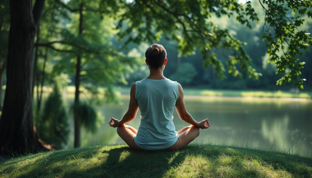 A serene and tranquil scene of a person in deep meditative pose, seated cross-legged on a grassy knoll overlooking a peaceful lake. Soft natural light filters through the trees, casting a warm glow on the figure's face. In the background, a lush forest canopy provides a sense of seclusion and calm. The overall atmosphere is one of mindfulness, inner peace, and a deep connection to the natural world. A serene and tranquil scene of a person in deep meditative pose, seated cross-legged on a grassy knoll overlooking a peaceful lake. Soft natural light filters through the trees, casting a warm glow on the figure's face. In the background, a lush forest canopy provides a sense of seclusion and calm. The overall atmosphere is one of mindfulness, inner peace, and a deep connection to the natural world.