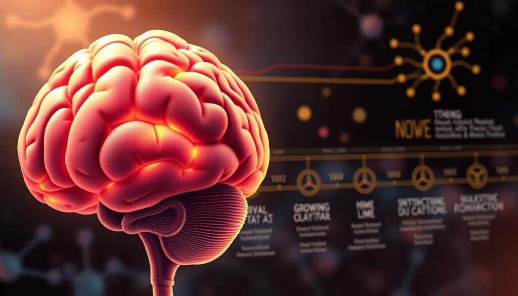 A detailed, educational illustration showcasing the phases of brain development, focusing on the intricate neural pathways and connections formed over time. In the foreground, depict a vibrant, stylized brain with highlighted areas of active growth. In the middle ground, show a timeline graphic with labeled developmental stages, each represented by unique colors and symbols, such as synaptic connections and growing neurons. In the background, gracefully incorporate abstract representations of scientific diagrams, like the neuron firing process. The mood should be enlightening and inspiring, using soft, warm lighting to create a welcoming atmosphere. Angle the composition slightly from above to provide a comprehensive overview of brain development, ensuring clarity and engagement without text or overlays. A detailed, educational illustration showcasing the phases of brain development, focusing on the intricate neural pathways and connections formed over time. In the foreground, depict a vibrant, stylized brain with highlighted areas of active growth. In the middle ground, show a timeline graphic with labeled developmental stages, each represented by unique colors and symbols, such as synaptic connections and growing neurons. In the background, gracefully incorporate abstract representations of scientific diagrams, like the neuron firing process. The mood should be enlightening and inspiring, using soft, warm lighting to create a welcoming atmosphere. Angle the composition slightly from above to provide a comprehensive overview of brain development, ensuring clarity and engagement without text or overlays.
