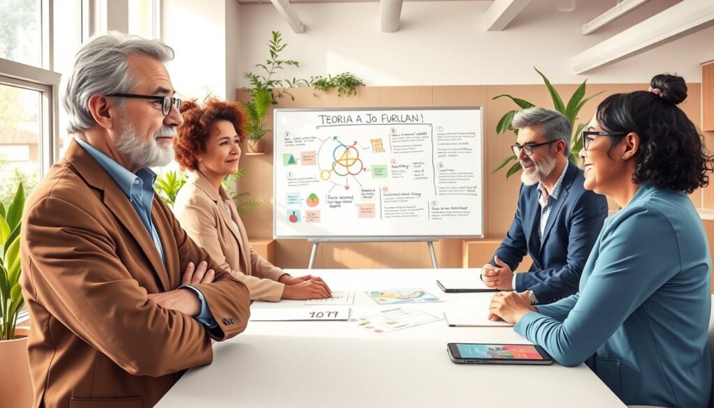 A detailed illustration of "teoria DR Jo Furlan," featuring a thoughtful, elderly scholar in professional attire, standing confidently at a modern conference table, engaging with a small group of diverse senior entrepreneurs. The foreground highlights the scholar, a mix of genders and ethnicities in business casual wear, animatedly discussing the theory. In the middle ground, a whiteboard with colorful diagrams and notes outlines key concepts related to behavioral intelligence. The background includes a warm, inviting office space with natural light streaming through large windows, plants, and contemporary decor that emphasizes innovation. The atmosphere conveys inspiration and collaboration, encouraging the viewer to reflect on the impactful contributions of the theory in a lively and professional setting. A detailed illustration of "teoria DR Jo Furlan," featuring a thoughtful, elderly scholar in professional attire, standing confidently at a modern conference table, engaging with a small group of diverse senior entrepreneurs. The foreground highlights the scholar, a mix of genders and ethnicities in business casual wear, animatedly discussing the theory. In the middle ground, a whiteboard with colorful diagrams and notes outlines key concepts related to behavioral intelligence. The background includes a warm, inviting office space with natural light streaming through large windows, plants, and contemporary decor that emphasizes innovation. The atmosphere conveys inspiration and collaboration, encouraging the viewer to reflect on the impactful contributions of the theory in a lively and professional setting.