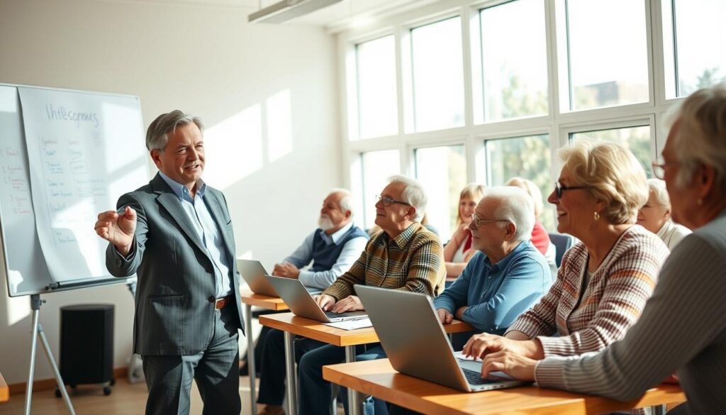 A diverse group of elderly individuals engaged in an interactive educational workshop, showcasing the spirit of learning and empowerment in a bright, spacious classroom environment. In the foreground, a professional instructor, dressed in smart casual attire, is using a whiteboard to illustrate concepts related to entrepreneurship. In the middle, older participants are seated at desks with laptops, taking notes, and discussing ideas enthusiastically. The background features large windows allowing natural light to flood the room, creating an uplifting atmosphere. Soft shadows add depth to the scene. The overall mood is one of inspiration, collaboration, and a vibrant learning community, emphasizing the importance of education and skill development in the later stages of life. A diverse group of elderly individuals engaged in an interactive educational workshop, showcasing the spirit of learning and empowerment in a bright, spacious classroom environment. In the foreground, a professional instructor, dressed in smart casual attire, is using a whiteboard to illustrate concepts related to entrepreneurship. In the middle, older participants are seated at desks with laptops, taking notes, and discussing ideas enthusiastically. The background features large windows allowing natural light to flood the room, creating an uplifting atmosphere. Soft shadows add depth to the scene. The overall mood is one of inspiration, collaboration, and a vibrant learning community, emphasizing the importance of education and skill development in the later stages of life.
