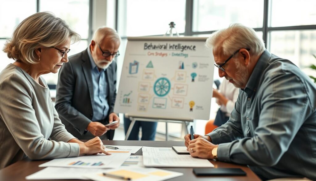 A diverse group of senior entrepreneurs engaged in a collaborative brainstorming session at a modern office space, showcasing the concept of behavioral intelligence. The foreground features two elderly individuals, one a thoughtful woman in professional business attire, leaning over a table filled with charts and notes, and a focused man in casual smartwear, jotting down ideas on a notepad. In the middle, a whiteboard displays colorful diagrams illustrating core strategies of behavioral intelligence, while a third person observes intently. The background showcases a bright, airy office with large windows letting in natural light, creating an uplifting atmosphere. Use a soft focus to convey warmth and encouragement, aiming for a harmonious blend of colors that emphasizes creativity and engagement. A diverse group of senior entrepreneurs engaged in a collaborative brainstorming session at a modern office space, showcasing the concept of behavioral intelligence. The foreground features two elderly individuals, one a thoughtful woman in professional business attire, leaning over a table filled with charts and notes, and a focused man in casual smartwear, jotting down ideas on a notepad. In the middle, a whiteboard displays colorful diagrams illustrating core strategies of behavioral intelligence, while a third person observes intently. The background showcases a bright, airy office with large windows letting in natural light, creating an uplifting atmosphere. Use a soft focus to convey warmth and encouragement, aiming for a harmonious blend of colors that emphasizes creativity and engagement.