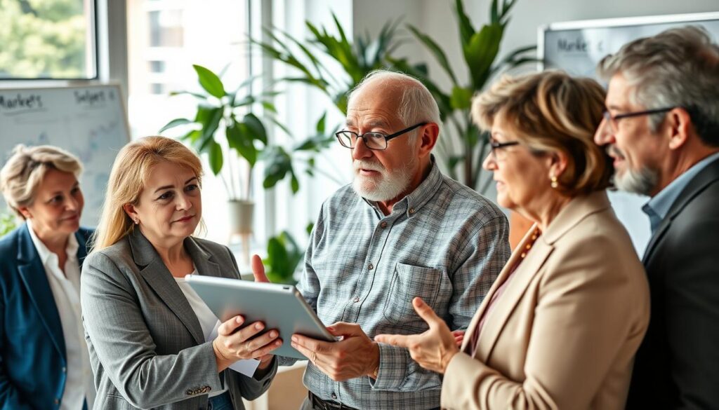 A diverse group of senior entrepreneurs engaged in a collaborative meeting, showcasing a range of expressions reflecting insight and experience. The foreground features a middle-aged woman in a professional blazer, reading a report, with a thoughtful look on her face. In the middle, an elderly man is gesturing while explaining a market trend on a digital tablet, surrounded by other senior professionals in smart casual attire, engaged in discussion. The background shows a bright, modern conference room with large windows letting in natural light, plants adding a touch of greenery, and a sleek whiteboard filled with market insights. The atmosphere is vibrant and engaging, capturing the essence of entrepreneurship in the third age, emphasizing collaboration and innovation. The image is shot from a slightly elevated angle, giving a clear view of the interaction and the dynamic setting. A diverse group of senior entrepreneurs engaged in a collaborative meeting, showcasing a range of expressions reflecting insight and experience. The foreground features a middle-aged woman in a professional blazer, reading a report, with a thoughtful look on her face. In the middle, an elderly man is gesturing while explaining a market trend on a digital tablet, surrounded by other senior professionals in smart casual attire, engaged in discussion. The background shows a bright, modern conference room with large windows letting in natural light, plants adding a touch of greenery, and a sleek whiteboard filled with market insights. The atmosphere is vibrant and engaging, capturing the essence of entrepreneurship in the third age, emphasizing collaboration and innovation. The image is shot from a slightly elevated angle, giving a clear view of the interaction and the dynamic setting.