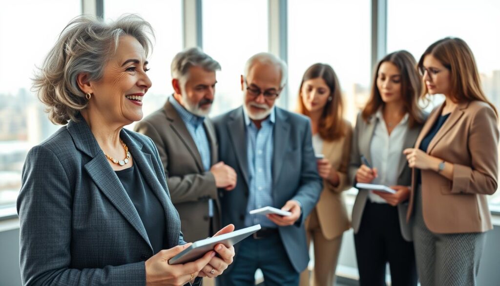 A group of diverse senior entrepreneurs, aged 60 and above, engaged in a lively brainstorming session in a modern office setting. In the foreground, a senior woman with gray hair wearing a smart blazer, holding a tablet, appears excitedly sharing ideas. The middle ground features a senior man in business casual attire, thoughtfully writing on a whiteboard, while another senior woman, dressed in professional attire, takes notes. The background showcases large windows with natural light streaming in, revealing a city skyline. The atmosphere is vibrant, reflecting collaboration and innovation, with a color palette of soft blues and warm neutrals to create a welcoming and inspiring environment. A group of diverse senior entrepreneurs, aged 60 and above, engaged in a lively brainstorming session in a modern office setting. In the foreground, a senior woman with gray hair wearing a smart blazer, holding a tablet, appears excitedly sharing ideas. The middle ground features a senior man in business casual attire, thoughtfully writing on a whiteboard, while another senior woman, dressed in professional attire, takes notes. The background showcases large windows with natural light streaming in, revealing a city skyline. The atmosphere is vibrant, reflecting collaboration and innovation, with a color palette of soft blues and warm neutrals to create a welcoming and inspiring environment.