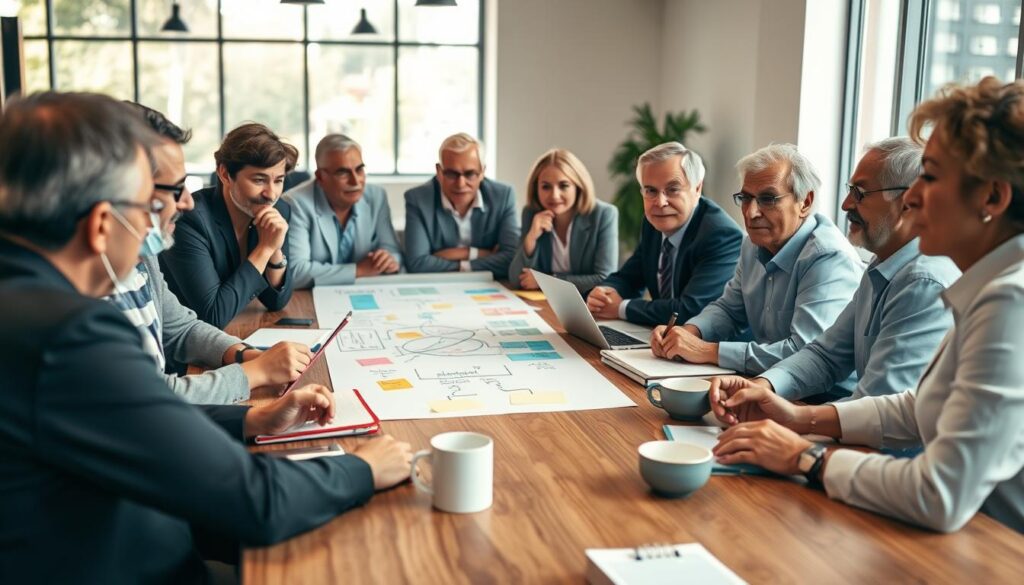 A group of senior entrepreneurs engaged in a dynamic discussion around a wooden conference table, surrounded by notebooks, laptops, and coffee cups. In the foreground, diverse individuals (both men and women) in professional business attire, showcasing thoughtful expressions and body language that conveys engagement and collaboration. The middle ground features a whiteboard with diagrams illustrating behavioral intelligence concepts, with colorful sticky notes. The background reveals a bright, modern office space with large windows allowing natural light to flood in, creating an open and inviting atmosphere. The mood is focused and inspiring, highlighting innovation in senior entrepreneurship. Use soft, warm lighting to enhance the welcoming environment, and a slightly elevated perspective to capture the interaction among the participants. A group of senior entrepreneurs engaged in a dynamic discussion around a wooden conference table, surrounded by notebooks, laptops, and coffee cups. In the foreground, diverse individuals (both men and women) in professional business attire, showcasing thoughtful expressions and body language that conveys engagement and collaboration. The middle ground features a whiteboard with diagrams illustrating behavioral intelligence concepts, with colorful sticky notes. The background reveals a bright, modern office space with large windows allowing natural light to flood in, creating an open and inviting atmosphere. The mood is focused and inspiring, highlighting innovation in senior entrepreneurship. Use soft, warm lighting to enhance the welcoming environment, and a slightly elevated perspective to capture the interaction among the participants.