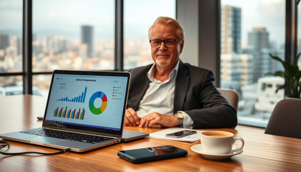 A mature entrepreneur, a senior gentleman, dressed in smart casual attire, is sitting at a modern conference table surrounded by various charts and graphs showcasing senior entrepreneurship trends in Brazil. The foreground features a laptop displaying a colorful pie chart, while a smartphone with business applications lies next to a steaming cup of coffee. In the background, there are large windows letting in warm, natural light, creating an inviting atmosphere with a view of a bustling city. Soft bokeh effects highlight the details in the room, while the lens angle provides a dynamic perspective, emphasizing the upward trends in senior entrepreneurship. The overall mood is inspiring and optimistic, reflecting the growth and opportunities in senior entrepreneurship. A mature entrepreneur, a senior gentleman, dressed in smart casual attire, is sitting at a modern conference table surrounded by various charts and graphs showcasing senior entrepreneurship trends in Brazil. The foreground features a laptop displaying a colorful pie chart, while a smartphone with business applications lies next to a steaming cup of coffee. In the background, there are large windows letting in warm, natural light, creating an inviting atmosphere with a view of a bustling city. Soft bokeh effects highlight the details in the room, while the lens angle provides a dynamic perspective, emphasizing the upward trends in senior entrepreneurship. The overall mood is inspiring and optimistic, reflecting the growth and opportunities in senior entrepreneurship.