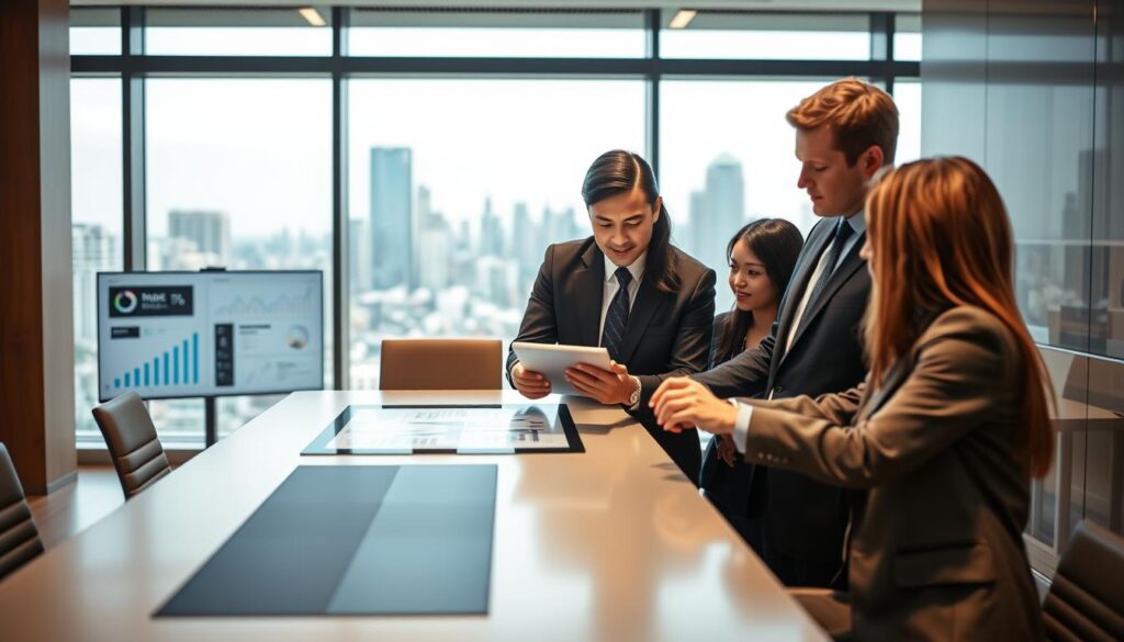 A modern corporate office scene depicting effective corporate communication. In the foreground, a diverse group of three professionals in smart business attire engaged in a collaborative discussion around a digital tablet. The middle layer features a sleek conference table, with visual elements like charts and graphs displayed on screens, highlighting data-driven decision-making. The background includes large windows letting in natural light, showcasing a vibrant cityscape. The lighting is bright and warm, creating an inviting atmosphere. The mood is focused and collaborative, emphasizing the importance of behavioral intelligence in corporate environments. The camera angle is slightly tilted from above, capturing the dynamic interaction among the team members. A modern corporate office scene depicting effective corporate communication. In the foreground, a diverse group of three professionals in smart business attire engaged in a collaborative discussion around a digital tablet. The middle layer features a sleek conference table, with visual elements like charts and graphs displayed on screens, highlighting data-driven decision-making. The background includes large windows letting in natural light, showcasing a vibrant cityscape. The lighting is bright and warm, creating an inviting atmosphere. The mood is focused and collaborative, emphasizing the importance of behavioral intelligence in corporate environments. The camera angle is slightly tilted from above, capturing the dynamic interaction among the team members.
