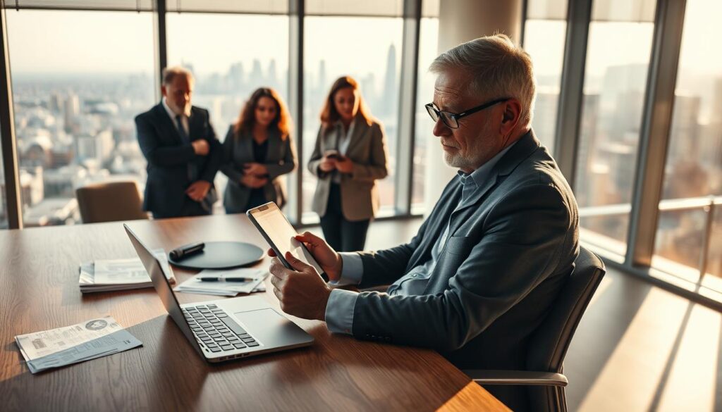 A professional senior entrepreneur in smart casual attire, sitting at a modern wooden desk, thoughtfully analyzing data on a digital tablet, immersed in a discussion with a diverse group of business professionals, all dressed in business attire. The foreground features a laptop and paperwork scattered around the desk, symbolizing active collaboration. In the middle background, a sleek office space with large windows shows a view of a city skyline, illuminated by warm sunlight, creating an inspiring atmosphere. Soft shadows enhance details, using a cinematic angle to capture the engaged expressions of the individuals. The overall mood is focused and positive, reflecting the essence of behavioral intelligence in entrepreneurship for seniors. A professional senior entrepreneur in smart casual attire, sitting at a modern wooden desk, thoughtfully analyzing data on a digital tablet, immersed in a discussion with a diverse group of business professionals, all dressed in business attire. The foreground features a laptop and paperwork scattered around the desk, symbolizing active collaboration. In the middle background, a sleek office space with large windows shows a view of a city skyline, illuminated by warm sunlight, creating an inspiring atmosphere. Soft shadows enhance details, using a cinematic angle to capture the engaged expressions of the individuals. The overall mood is focused and positive, reflecting the essence of behavioral intelligence in entrepreneurship for seniors.