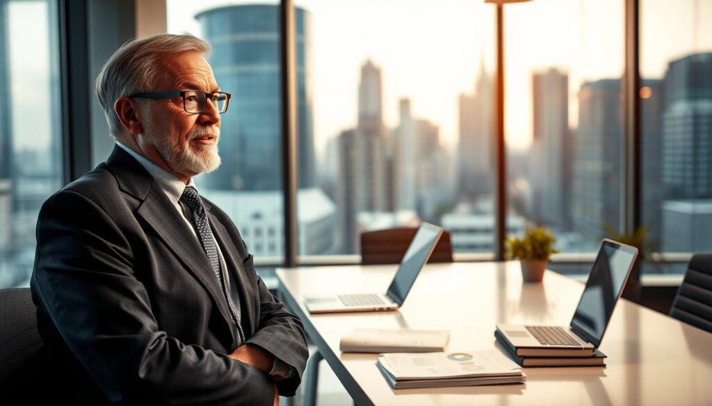A professional setting showcasing the concept of "Behavioral Intelligence" as articulated by Dr. Jo Furlan, featuring a thoughtful senior entrepreneur in a modern office environment. In the foreground, a middle-aged man wearing a smart business suit is engaged in a deep discussion or reflective moment, with a calm expression that conveys wisdom and insight. The middle layer contains a sleek office desk with a laptop, charts, and business books about entrepreneurship, symbolizing knowledge and growth. In the background, large windows with natural light streaming in, offering a view of a bustling city, creating an inspiring atmosphere. Soft, warm lighting enhances the scene, evoking a mood of professionalism and hope in senior entrepreneurship, captured from a slightly elevated angle for depth. A professional setting showcasing the concept of "Behavioral Intelligence" as articulated by Dr. Jo Furlan, featuring a thoughtful senior entrepreneur in a modern office environment. In the foreground, a middle-aged man wearing a smart business suit is engaged in a deep discussion or reflective moment, with a calm expression that conveys wisdom and insight. The middle layer contains a sleek office desk with a laptop, charts, and business books about entrepreneurship, symbolizing knowledge and growth. In the background, large windows with natural light streaming in, offering a view of a bustling city, creating an inspiring atmosphere. Soft, warm lighting enhances the scene, evoking a mood of professionalism and hope in senior entrepreneurship, captured from a slightly elevated angle for depth.