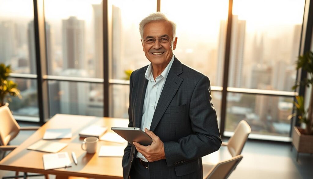 A senior entrepreneur in Brazil stands confidently in a modern office setting. In the foreground, capture an elderly man with a warm smile, wearing a tailored suit, holding a tablet. His hair is neatly styled, emphasizing his wisdom and experience. In the middle ground, a sleek wooden desk is scattered with business documents and a coffee cup, reflecting a dedicated work environment. In the background, large windows show a vibrant city skyline, illuminated by soft, warm sunlight, creating a professional yet welcoming atmosphere. The lighting is natural, highlighting the entrepreneur's features while casting gentle shadows. The overall mood is inspiring and optimistic, embodying the essence of senior entrepreneurship in Brazil. A senior entrepreneur in Brazil stands confidently in a modern office setting. In the foreground, capture an elderly man with a warm smile, wearing a tailored suit, holding a tablet. His hair is neatly styled, emphasizing his wisdom and experience. In the middle ground, a sleek wooden desk is scattered with business documents and a coffee cup, reflecting a dedicated work environment. In the background, large windows show a vibrant city skyline, illuminated by soft, warm sunlight, creating a professional yet welcoming atmosphere. The lighting is natural, highlighting the entrepreneur's features while casting gentle shadows. The overall mood is inspiring and optimistic, embodying the essence of senior entrepreneurship in Brazil.