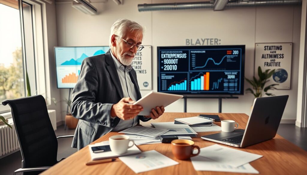 A senior entrepreneur in a modern office environment, engaging actively with a tablet in hand, analyzing graphs and statistics displayed on a large screen. In the foreground, the entrepreneur, a well-dressed elderly individual with gray hair, exudes confidence and enthusiasm. The middle ground features a stylish desk cluttered with business documents, a laptop, and coffee. The background showcases a bright, contemporary workspace with motivational posters about entrepreneurship and innovation. Soft natural light streams through large windows, creating a warm and inviting atmosphere. The angle is slightly above eye level, giving an inspiring, dynamic perspective of the entrepreneurial journey in senior years. The overall mood is focused and optimistic, highlighting the vibrant potential of senior entrepreneurship in Brazil. A senior entrepreneur in a modern office environment, engaging actively with a tablet in hand, analyzing graphs and statistics displayed on a large screen. In the foreground, the entrepreneur, a well-dressed elderly individual with gray hair, exudes confidence and enthusiasm. The middle ground features a stylish desk cluttered with business documents, a laptop, and coffee. The background showcases a bright, contemporary workspace with motivational posters about entrepreneurship and innovation. Soft natural light streams through large windows, creating a warm and inviting atmosphere. The angle is slightly above eye level, giving an inspiring, dynamic perspective of the entrepreneurial journey in senior years. The overall mood is focused and optimistic, highlighting the vibrant potential of senior entrepreneurship in Brazil.