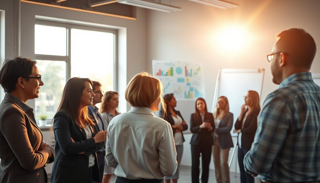 A serene and inspiring scene depicting personal development and communication impact. In the foreground, a diverse group of professionals in business attire is engaged in a dynamic workshop, animatedly discussing ideas and sharing insights. Their expressions convey focus and enthusiasm. In the middle ground, a large whiteboard filled with colorful charts and diagrams symbolizes strategies for effective communication and personal growth. In the background, soft sunlight filters through large windows, casting a warm glow that enhances the motivating atmosphere of collaboration and learning. The mood is uplifting, fostering a sense of progress and achievement, captured with a slightly elevated angle to emphasize the depth of engagement within the space. A serene and inspiring scene depicting personal development and communication impact. In the foreground, a diverse group of professionals in business attire is engaged in a dynamic workshop, animatedly discussing ideas and sharing insights. Their expressions convey focus and enthusiasm. In the middle ground, a large whiteboard filled with colorful charts and diagrams symbolizes strategies for effective communication and personal growth. In the background, soft sunlight filters through large windows, casting a warm glow that enhances the motivating atmosphere of collaboration and learning. The mood is uplifting, fostering a sense of progress and achievement, captured with a slightly elevated angle to emphasize the depth of engagement within the space.