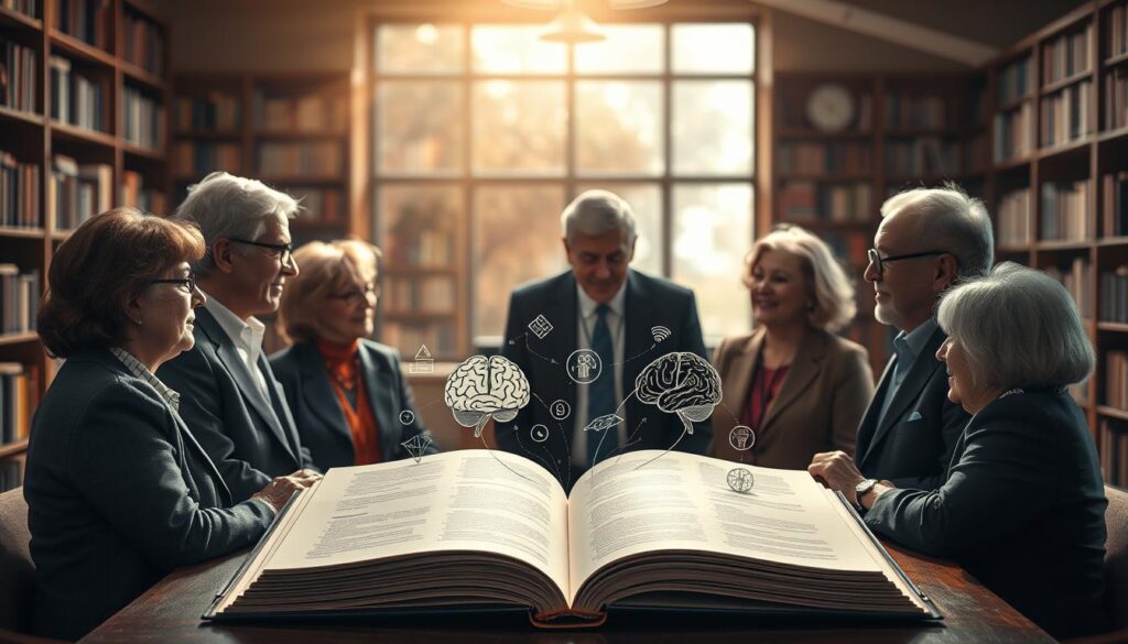 A serene and inspiring scene depicting the concept of "Human Behavioral Intelligence Theory" by Dr. Jo Furlan. In the foreground, a diverse group of older adults engaged in thoughtful discussion, dressed in professional business attire. The middle ground features a large open book, its pages animatedly displaying illustrations of brain patterns and cognitive processes. The background should include a soft-focus library filled with shelves of books, symbolizing knowledge and learning. Warm, soft lighting creates an inviting atmosphere, while sun rays filter through a large window, casting gentle shadows. Capture the mood of wisdom, collaboration, and innovation, emphasizing the themes of senior entrepreneurship and intelligence. A serene and inspiring scene depicting the concept of "Human Behavioral Intelligence Theory" by Dr. Jo Furlan. In the foreground, a diverse group of older adults engaged in thoughtful discussion, dressed in professional business attire. The middle ground features a large open book, its pages animatedly displaying illustrations of brain patterns and cognitive processes. The background should include a soft-focus library filled with shelves of books, symbolizing knowledge and learning. Warm, soft lighting creates an inviting atmosphere, while sun rays filter through a large window, casting gentle shadows. Capture the mood of wisdom, collaboration, and innovation, emphasizing the themes of senior entrepreneurship and intelligence.