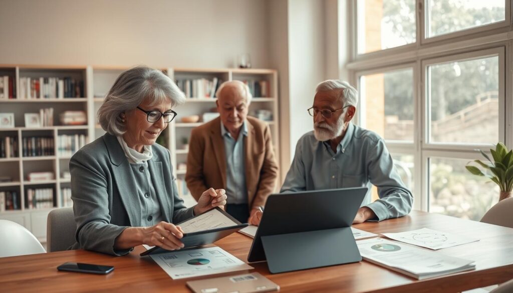 A serene and inspiring workspace designed for senior entrepreneurs, featuring a diverse group of older adults engaged in thoughtful discussion around a table. The foreground shows a senior woman in professional attire, outlining strategic ideas on a digital tablet, while a senior man listens attentively. The middle section captures a collaborative atmosphere, with charts and brainstorming notes scattered across the table, enhancing the focus on behavioral intelligence strategies. The background displays shelves filled with books on entrepreneurship, complemented by large windows allowing natural light to flood the room, creating a bright and motivating environment. The overall mood is uplifting and empowering, symbolizing success in the later stages of life, with warm, inviting lighting to promote a sense of community and support. A serene and inspiring workspace designed for senior entrepreneurs, featuring a diverse group of older adults engaged in thoughtful discussion around a table. The foreground shows a senior woman in professional attire, outlining strategic ideas on a digital tablet, while a senior man listens attentively. The middle section captures a collaborative atmosphere, with charts and brainstorming notes scattered across the table, enhancing the focus on behavioral intelligence strategies. The background displays shelves filled with books on entrepreneurship, complemented by large windows allowing natural light to flood the room, creating a bright and motivating environment. The overall mood is uplifting and empowering, symbolizing success in the later stages of life, with warm, inviting lighting to promote a sense of community and support.