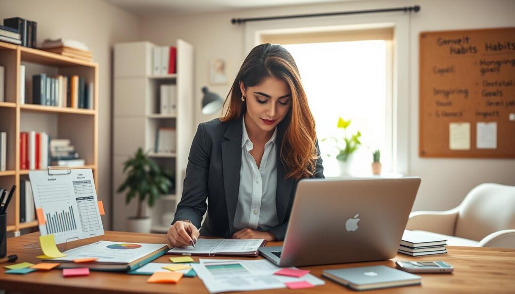 A serene and organized home office setting, showcasing a professional woman in smart casual attire, deeply engaged in planning her daily routine. In the foreground, a wooden desk is cluttered with colorful sticky notes, a planner, and a laptop displaying productivity charts. In the middle, a large window allows warm, natural light to flood the space, illuminating a green plant on the sill. The background features bookshelves filled with motivational literature and a corkboard filled with inspiring goals. The atmosphere is calm and focused, evoking a sense of determination and clarity. Capture this scene from a slightly angled perspective to emphasize depth and visually represent the theme of practical strategies for incorporating habits into daily life. A serene and organized home office setting, showcasing a professional woman in smart casual attire, deeply engaged in planning her daily routine. In the foreground, a wooden desk is cluttered with colorful sticky notes, a planner, and a laptop displaying productivity charts. In the middle, a large window allows warm, natural light to flood the space, illuminating a green plant on the sill. The background features bookshelves filled with motivational literature and a corkboard filled with inspiring goals. The atmosphere is calm and focused, evoking a sense of determination and clarity. Capture this scene from a slightly angled perspective to emphasize depth and visually represent the theme of practical strategies for incorporating habits into daily life.