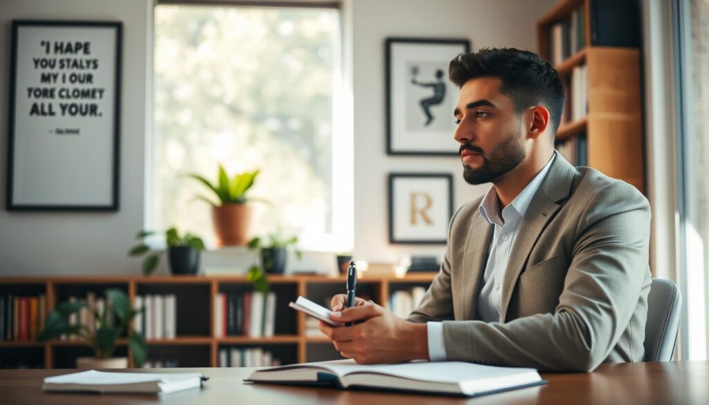 A thoughtful professional engaging in self-reflection in a serene office environment. In the foreground, a well-dressed individual sits at a desk with a journal open, pen in hand, deep in contemplation. The middle ground features a large window allowing natural light to flood the room, illuminating a potted plant and motivational quotes framed on the wall. In the background, shelves filled with books on personal development and psychology enhance the ambience. Soft, warm tones create a welcoming atmosphere, emphasizing a sense of growth and introspection. A shallow depth of field brings focus to the individual, capturing the mood of self-evaluation and personal growth while keeping the background slightly blurred. A thoughtful professional engaging in self-reflection in a serene office environment. In the foreground, a well-dressed individual sits at a desk with a journal open, pen in hand, deep in contemplation. The middle ground features a large window allowing natural light to flood the room, illuminating a potted plant and motivational quotes framed on the wall. In the background, shelves filled with books on personal development and psychology enhance the ambience. Soft, warm tones create a welcoming atmosphere, emphasizing a sense of growth and introspection. A shallow depth of field brings focus to the individual, capturing the mood of self-evaluation and personal growth while keeping the background slightly blurred.