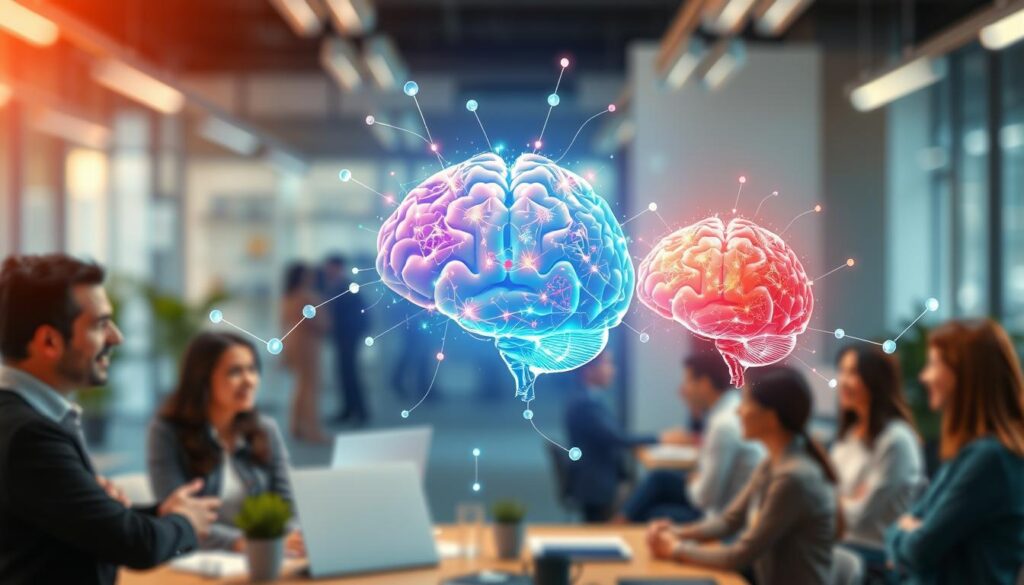 A vibrant and dynamic illustration representing the concept of "cognitive development through connections and integration." In the foreground, depict a diverse group of professionals engaging in collaborative discussions, surrounded by interconnected neural pathways that visually symbolize cognitive growth. In the middle ground, showcase abstract brain forms adorned with colorful patterns, radiating energy and light, illustrating the intelligence and potential within. For the background, create a blurred, soft-focus office environment, infused with warm, natural light to evoke a positive atmosphere of innovation and learning. Incorporate a slight depth of field to emphasize the foreground figures while subtly capturing the essence of the workspace. Aim for an uplifting mood that inspires curiosity and engagement in cognitive enhancement. A vibrant and dynamic illustration representing the concept of "cognitive development through connections and integration." In the foreground, depict a diverse group of professionals engaging in collaborative discussions, surrounded by interconnected neural pathways that visually symbolize cognitive growth. In the middle ground, showcase abstract brain forms adorned with colorful patterns, radiating energy and light, illustrating the intelligence and potential within. For the background, create a blurred, soft-focus office environment, infused with warm, natural light to evoke a positive atmosphere of innovation and learning. Incorporate a slight depth of field to emphasize the foreground figures while subtly capturing the essence of the workspace. Aim for an uplifting mood that inspires curiosity and engagement in cognitive enhancement.
