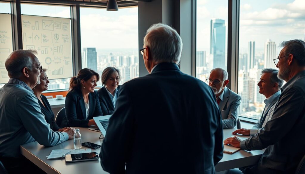 A vibrant and dynamic scene illustrating the challenges and opportunities of senior entrepreneurship in Brazil. In the foreground, a diverse group of older adults in professional business attire engaged in discussion around a table, showcasing teamwork and collaboration. The middle layer features a modern office environment with digital devices, charts, and a whiteboard filled with ideas. In the background, large windows reveal a bustling cityscape, symbolizing growth and potential. The lighting is warm and inviting, creating a hopeful atmosphere. The lens perspective is slightly elevated, capturing both the lively interactions and the broader context of innovation and perseverance in senior entrepreneurship. The overall mood should be inspiring and empowering, reflecting the vitality and resourcefulness of this demographic. A vibrant and dynamic scene illustrating the challenges and opportunities of senior entrepreneurship in Brazil. In the foreground, a diverse group of older adults in professional business attire engaged in discussion around a table, showcasing teamwork and collaboration. The middle layer features a modern office environment with digital devices, charts, and a whiteboard filled with ideas. In the background, large windows reveal a bustling cityscape, symbolizing growth and potential. The lighting is warm and inviting, creating a hopeful atmosphere. The lens perspective is slightly elevated, capturing both the lively interactions and the broader context of innovation and perseverance in senior entrepreneurship. The overall mood should be inspiring and empowering, reflecting the vitality and resourcefulness of this demographic.