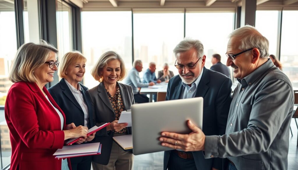 A vibrant and inspiring scene depicting senior entrepreneurs engaged in a lively business meeting. In the foreground, two older women and one older man, all dressed in professional attire, are discussing over a laptop and notepads. Their expressions are focused and collaborative, showing enthusiasm and wisdom. In the middle ground, a large window reveals a modern city skyline, suggesting a dynamic business environment. Gentle morning sunlight streams in, creating a warm and inviting atmosphere, highlighting their features. In the background, a diverse group of older professionals can be seen brainstorming ideas around a table, fostering a sense of community and innovation. The overall mood is positive, reflecting empowerment and the spirit of entrepreneurship in later life, captured from a slight upward angle to enhance the sense of aspiration. A vibrant and inspiring scene depicting senior entrepreneurs engaged in a lively business meeting. In the foreground, two older women and one older man, all dressed in professional attire, are discussing over a laptop and notepads. Their expressions are focused and collaborative, showing enthusiasm and wisdom. In the middle ground, a large window reveals a modern city skyline, suggesting a dynamic business environment. Gentle morning sunlight streams in, creating a warm and inviting atmosphere, highlighting their features. In the background, a diverse group of older professionals can be seen brainstorming ideas around a table, fostering a sense of community and innovation. The overall mood is positive, reflecting empowerment and the spirit of entrepreneurship in later life, captured from a slight upward angle to enhance the sense of aspiration.