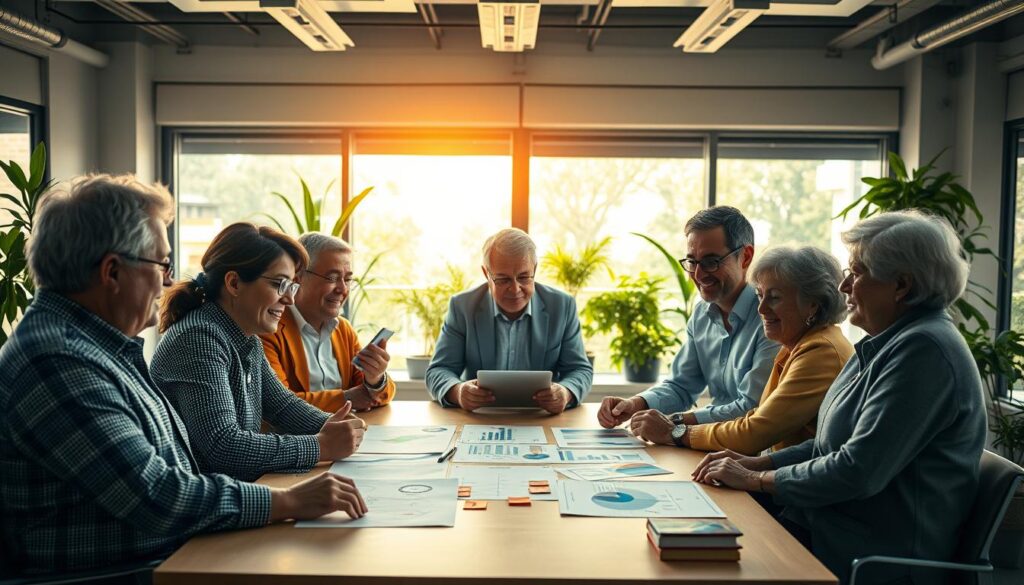 A vibrant and inspiring scene depicting the practical application of behavioral intelligence in senior entrepreneurship. In the foreground, a diverse group of seniors dressed in smart casual attire are engaged in a brainstorming session around a table, showcasing their collaboration and creativity. In the middle ground, charts, graphs, and post-it notes illustrate strategic planning and idea exchanges. In the background, large windows illuminated with warm natural light highlight a modern office environment, filled with greenery to convey positivity and growth. The atmosphere is encouraging and dynamic, symbolizing empowerment and innovation among older adults in business. Use a soft-focus lens effect to create a welcoming ambiance while highlighting the key elements. A vibrant and inspiring scene depicting the practical application of behavioral intelligence in senior entrepreneurship. In the foreground, a diverse group of seniors dressed in smart casual attire are engaged in a brainstorming session around a table, showcasing their collaboration and creativity. In the middle ground, charts, graphs, and post-it notes illustrate strategic planning and idea exchanges. In the background, large windows illuminated with warm natural light highlight a modern office environment, filled with greenery to convey positivity and growth. The atmosphere is encouraging and dynamic, symbolizing empowerment and innovation among older adults in business. Use a soft-focus lens effect to create a welcoming ambiance while highlighting the key elements.