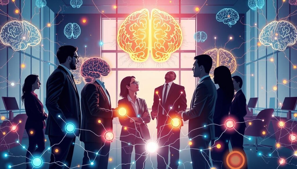 A vibrant and intricate illustration depicting the integration of neuroscience and multiple intelligences. In the foreground, a diverse group of professionals in business attire engage in a collaborative discussion, surrounded by glowing neural pathways and brain imagery representing various intelligence types (linguistic, logical-mathematical, spatial, etc.). The middle ground features a backdrop of a modern, well-lit office space with large windows, allowing daylight to flood in, symbolizing enlightenment and creativity. In the background, abstract representations of brain scans and interconnected neurons create a dynamic pattern, enhancing the theme of cognitive synergy. The mood is inspiring and intellectually stimulating, emphasizing teamwork and innovative ideas. The composition is well-balanced, creating an inviting atmosphere of exploration and growth. A vibrant and intricate illustration depicting the integration of neuroscience and multiple intelligences. In the foreground, a diverse group of professionals in business attire engage in a collaborative discussion, surrounded by glowing neural pathways and brain imagery representing various intelligence types (linguistic, logical-mathematical, spatial, etc.). The middle ground features a backdrop of a modern, well-lit office space with large windows, allowing daylight to flood in, symbolizing enlightenment and creativity. In the background, abstract representations of brain scans and interconnected neurons create a dynamic pattern, enhancing the theme of cognitive synergy. The mood is inspiring and intellectually stimulating, emphasizing teamwork and innovative ideas. The composition is well-balanced, creating an inviting atmosphere of exploration and growth.