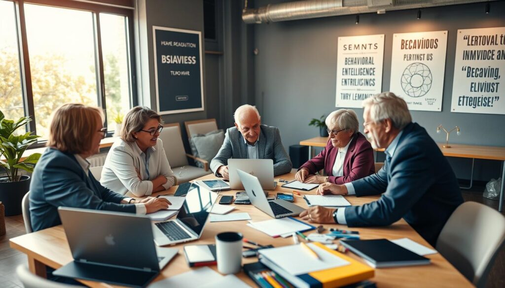 A vibrant co-working space filled with senior entrepreneurs actively engaging in discussions and brainstorming sessions. In the foreground, a diverse group of three seniors, dressed in professional business attire, collaborate around a large table cluttered with laptops, notebooks, and brainstorming materials. The middle ground showcases large windows letting in warm, natural light, contributing to a lively atmosphere. In the background, motivational posters about behavioral intelligence and entrepreneurship decorate the walls, creating an inspiring environment. The overall mood is dynamic and positive, capturing the essence of innovation and wisdom in senior entrepreneurship. The image should be well-lit, with a slight depth of field to focus on the seniors in action, enhancing clarity and visual interest. A vibrant co-working space filled with senior entrepreneurs actively engaging in discussions and brainstorming sessions. In the foreground, a diverse group of three seniors, dressed in professional business attire, collaborate around a large table cluttered with laptops, notebooks, and brainstorming materials. The middle ground showcases large windows letting in warm, natural light, contributing to a lively atmosphere. In the background, motivational posters about behavioral intelligence and entrepreneurship decorate the walls, creating an inspiring environment. The overall mood is dynamic and positive, capturing the essence of innovation and wisdom in senior entrepreneurship. The image should be well-lit, with a slight depth of field to focus on the seniors in action, enhancing clarity and visual interest.