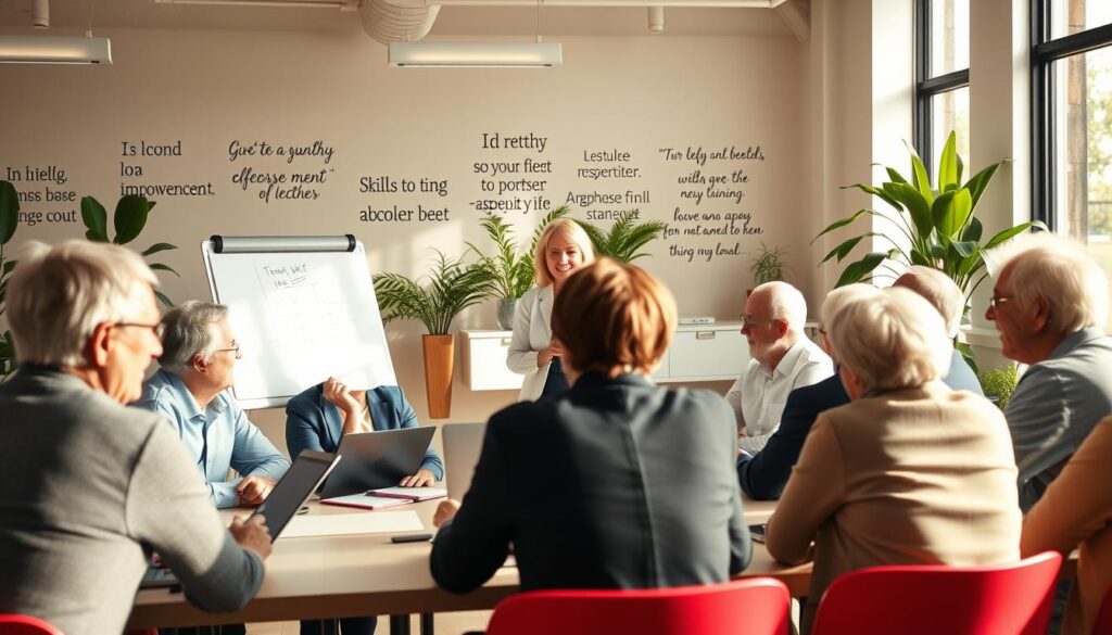 A vibrant, inspiring scene depicting senior individuals engaged in skill development and training. In the foreground, a diverse group of older adults (both men and women) in professional business attire, enthusiastically participating in a workshop. They are seated at tables with laptops and notepads, collaborating and sharing ideas. In the middle ground, a facilitator, a middle-aged woman, stands at a whiteboard, guiding the session with gestures and a warm smile. Soft natural lighting filters through large windows, creating an inviting atmosphere. The background showcases a bright, modern classroom setting, filled with inspirational quotes on the walls and plants that enhance the learning environment. The mood is positive and motivational, capturing the essence of empowerment and personal growth in later life. A vibrant, inspiring scene depicting senior individuals engaged in skill development and training. In the foreground, a diverse group of older adults (both men and women) in professional business attire, enthusiastically participating in a workshop. They are seated at tables with laptops and notepads, collaborating and sharing ideas. In the middle ground, a facilitator, a middle-aged woman, stands at a whiteboard, guiding the session with gestures and a warm smile. Soft natural lighting filters through large windows, creating an inviting atmosphere. The background showcases a bright, modern classroom setting, filled with inspirational quotes on the walls and plants that enhance the learning environment. The mood is positive and motivational, capturing the essence of empowerment and personal growth in later life.