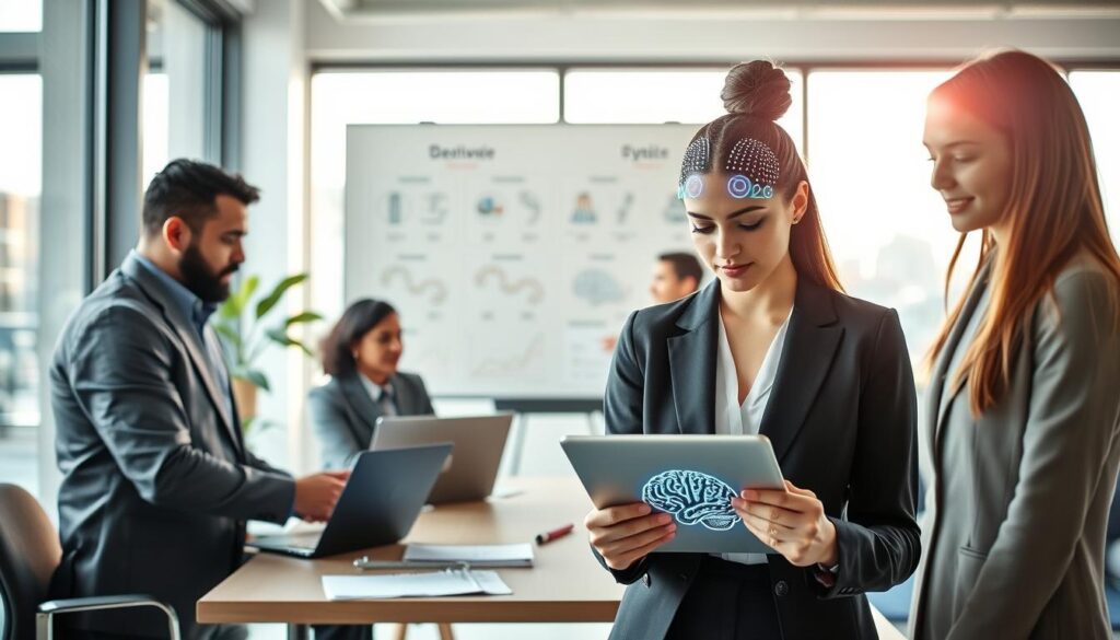 A vibrant modern workspace featuring a diverse group of professionals engaged in brain stimulation activities. In the foreground, a woman in business attire performs a cognitive exercise using a digital tablet, focusing on brainwave patterns. To her left, a man analyzes data on a laptop, showcasing charts related to behavioral intelligence. In the middle, a whiteboard displays diagrams illustrating neural pathways and cognitive strategies. The background features a large window with natural light flooding the room, casting a bright and invigorating atmosphere. Soft, motivational colors enhance the feeling of innovation and collaboration. The overall mood is dynamic and inspiring, emphasizing practical approaches to unlocking the brain's potential. A vibrant modern workspace featuring a diverse group of professionals engaged in brain stimulation activities. In the foreground, a woman in business attire performs a cognitive exercise using a digital tablet, focusing on brainwave patterns. To her left, a man analyzes data on a laptop, showcasing charts related to behavioral intelligence. In the middle, a whiteboard displays diagrams illustrating neural pathways and cognitive strategies. The background features a large window with natural light flooding the room, casting a bright and invigorating atmosphere. Soft, motivational colors enhance the feeling of innovation and collaboration. The overall mood is dynamic and inspiring, emphasizing practical approaches to unlocking the brain's potential.