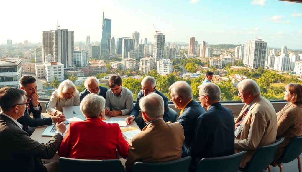 A vibrant panorama showcasing senior entrepreneurship in Brazil, featuring older adults engaged in various business activities. In the foreground, a diverse group of seniors, dressed in professional business attire, are brainstorming ideas around a table filled with documents and laptops. In the middle ground, a modern co-working space with colorful decor, where other seniors are networking and collaborating. The background showcases an urban landscape of a Brazilian city, with iconic architecture and greenery, reflecting a dynamic environment. The scene is bathed in warm, natural lighting, creating an inviting and optimistic atmosphere. A wide-angle perspective captures the essence of community and innovation among senior entrepreneurs. A vibrant panorama showcasing senior entrepreneurship in Brazil, featuring older adults engaged in various business activities. In the foreground, a diverse group of seniors, dressed in professional business attire, are brainstorming ideas around a table filled with documents and laptops. In the middle ground, a modern co-working space with colorful decor, where other seniors are networking and collaborating. The background showcases an urban landscape of a Brazilian city, with iconic architecture and greenery, reflecting a dynamic environment. The scene is bathed in warm, natural lighting, creating an inviting and optimistic atmosphere. A wide-angle perspective captures the essence of community and innovation among senior entrepreneurs.