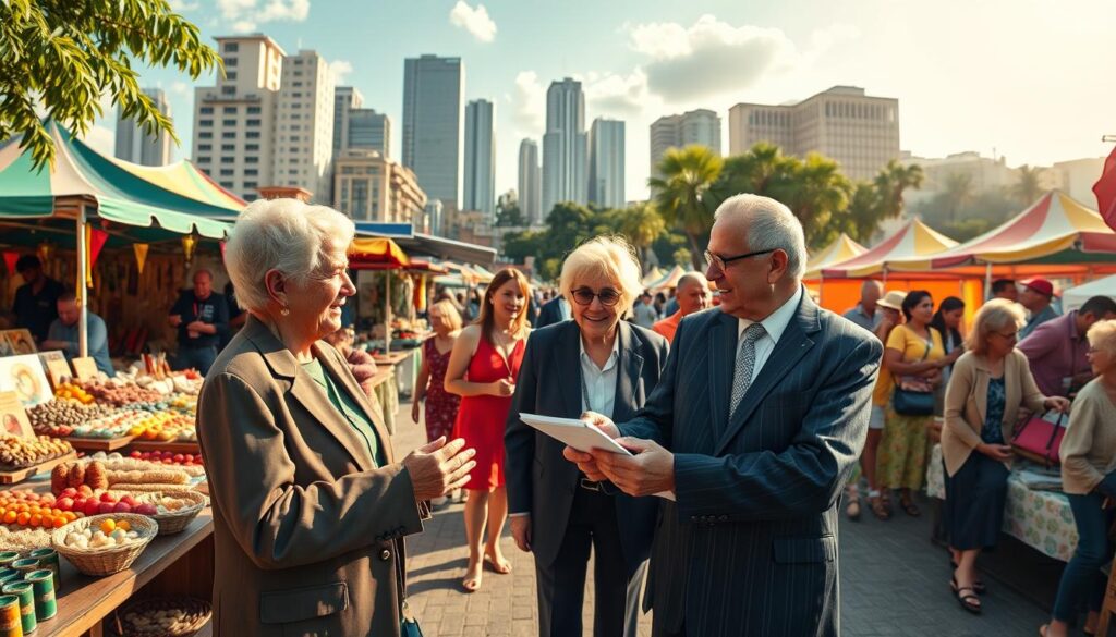A vibrant, panoramic view depicting senior entrepreneurship in Brazil, showcasing a lively outdoor market scene filled with older adults engaged in various business activities. In the foreground, a group of seniors, dressed in professional business attire, happily discuss their innovative plans while examining handmade products. The middle ground features colorful stalls brimming with art, crafts, and food, radiating a sense of community and creativity. The background illustrates a sunny urban landscape with skyscrapers and green spaces, emphasizing a blend of tradition and modernity. Capture the scene with warm, natural lighting, using a wide-angle lens to enhance the expansive feel of the setting. The atmosphere should emanate positivity, collaboration, and an inspiring spirit of entrepreneurship among the senior demographic. A vibrant, panoramic view depicting senior entrepreneurship in Brazil, showcasing a lively outdoor market scene filled with older adults engaged in various business activities. In the foreground, a group of seniors, dressed in professional business attire, happily discuss their innovative plans while examining handmade products. The middle ground features colorful stalls brimming with art, crafts, and food, radiating a sense of community and creativity. The background illustrates a sunny urban landscape with skyscrapers and green spaces, emphasizing a blend of tradition and modernity. Capture the scene with warm, natural lighting, using a wide-angle lens to enhance the expansive feel of the setting. The atmosphere should emanate positivity, collaboration, and an inspiring spirit of entrepreneurship among the senior demographic.