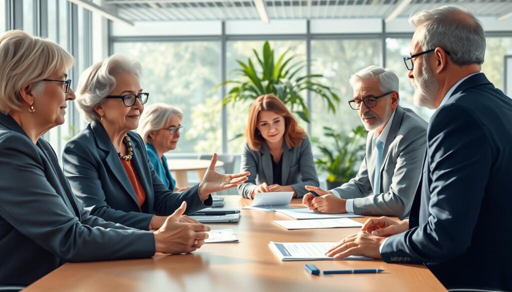 A vibrant, professional illustration depicting a diverse group of older entrepreneurs engaging in a collaborative meeting around a large table. In the foreground, an elderly woman in smart business attire gestures while presenting ideas. Beside her, a senior man with glasses attentively takes notes. The middle ground features younger professionals from Sebrae providing guidance and support, showing a blend of ages and backgrounds. In the background, a bright, inviting office space with large windows and greenery adds a sense of optimism. Soft, natural lighting accentuates the atmosphere of collaboration and mentorship, with a focused lens that draws attention to the interaction between the individuals. The mood is uplifting and inspiring, highlighting the importance of support in senior entrepreneurship. A vibrant, professional illustration depicting a diverse group of older entrepreneurs engaging in a collaborative meeting around a large table. In the foreground, an elderly woman in smart business attire gestures while presenting ideas. Beside her, a senior man with glasses attentively takes notes. The middle ground features younger professionals from Sebrae providing guidance and support, showing a blend of ages and backgrounds. In the background, a bright, inviting office space with large windows and greenery adds a sense of optimism. Soft, natural lighting accentuates the atmosphere of collaboration and mentorship, with a focused lens that draws attention to the interaction between the individuals. The mood is uplifting and inspiring, highlighting the importance of support in senior entrepreneurship.