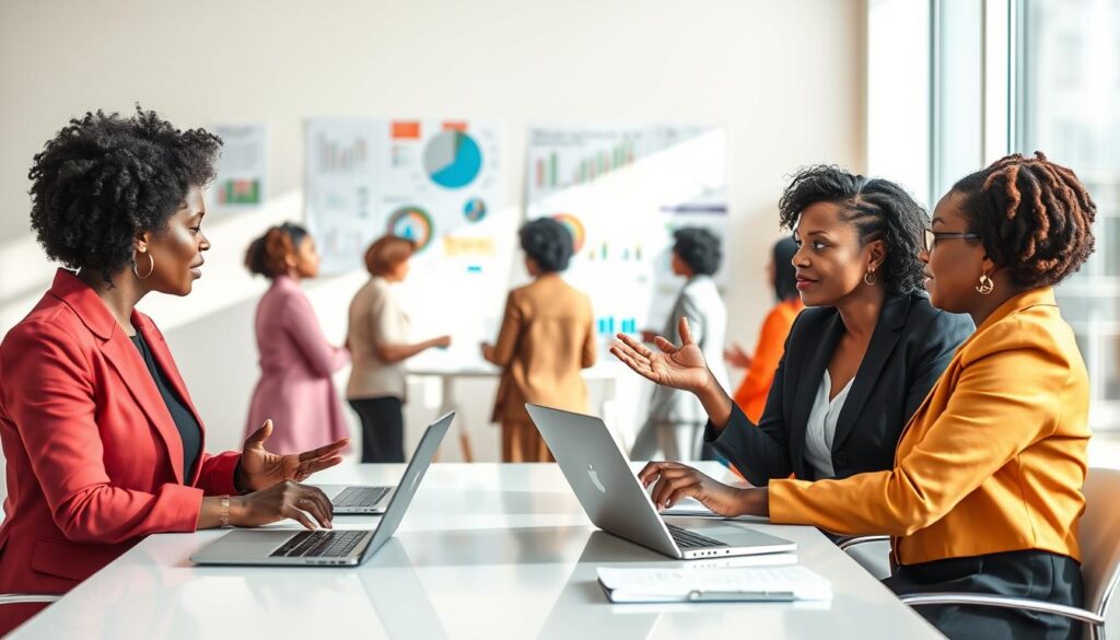 A vibrant scene depicting a diverse group of senior Black women engaged in a business meeting, showcasing entrepreneurship. In the foreground, two women in professional business attire are actively discussing ideas at a modern conference table, with laptops and notepads in front of them. One woman is gesturing passionately, while the other is listening intently. In the middle ground, additional team members collaborate on a brainstorming session, surrounded by charts and posters that highlight various business concepts. The background features a bright, sunlit office environment with floor-to-ceiling windows, allowing natural light to stream in, creating a warm and inviting atmosphere. The overall mood is one of empowerment and collaboration, emphasizing the challenges and opportunities that senior women entrepreneurs face in a positive light. A vibrant scene depicting a diverse group of senior Black women engaged in a business meeting, showcasing entrepreneurship. In the foreground, two women in professional business attire are actively discussing ideas at a modern conference table, with laptops and notepads in front of them. One woman is gesturing passionately, while the other is listening intently. In the middle ground, additional team members collaborate on a brainstorming session, surrounded by charts and posters that highlight various business concepts. The background features a bright, sunlit office environment with floor-to-ceiling windows, allowing natural light to stream in, creating a warm and inviting atmosphere. The overall mood is one of empowerment and collaboration, emphasizing the challenges and opportunities that senior women entrepreneurs face in a positive light.