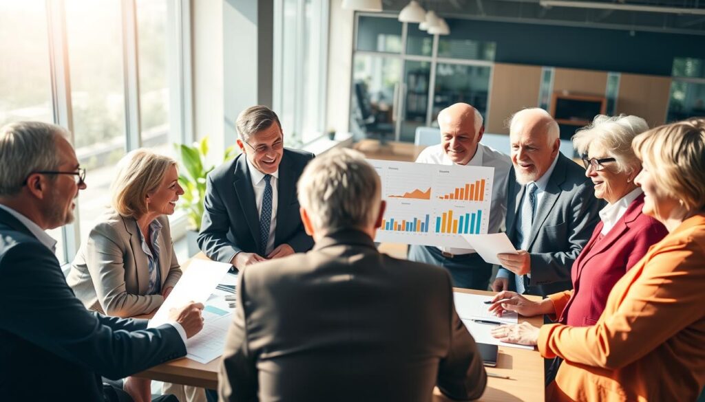 A vibrant scene illustrating the impact of senior entrepreneurs in the marketplace. In the foreground, a diverse group of senior individuals dressed in professional business attire engages in a collaborative discussion around a table filled with documents and digital devices. In the middle, displays of colorful charts and graphs symbolize business growth and market trends. In the background, a modern office environment with large windows allowing natural light to pour in, creating an optimistic and inviting atmosphere. The angle is slightly above eye-level, showcasing both the engaged expressions of the entrepreneurs and the dynamic workspace. The overall mood is one of inspiration, empowerment, and innovation among senior business leaders. A vibrant scene illustrating the impact of senior entrepreneurs in the marketplace. In the foreground, a diverse group of senior individuals dressed in professional business attire engages in a collaborative discussion around a table filled with documents and digital devices. In the middle, displays of colorful charts and graphs symbolize business growth and market trends. In the background, a modern office environment with large windows allowing natural light to pour in, creating an optimistic and inviting atmosphere. The angle is slightly above eye-level, showcasing both the engaged expressions of the entrepreneurs and the dynamic workspace. The overall mood is one of inspiration, empowerment, and innovation among senior business leaders.