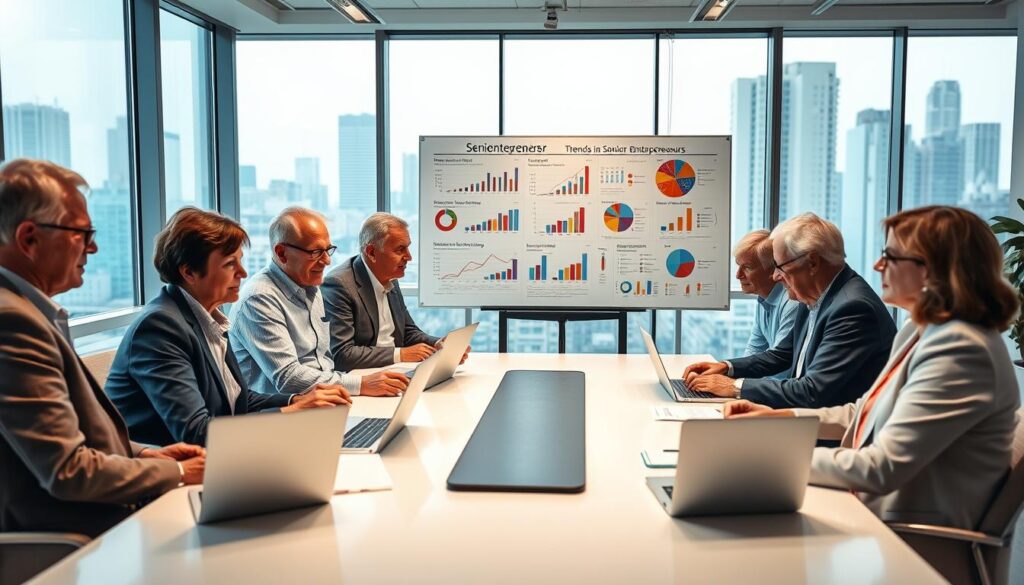 A vibrant scene showcasing senior entrepreneurs in a modern office setting, focused on collaboration and innovation. In the foreground, a diverse group of older adults (50s to 70s) dressed in professional business attire, engaged in a brainstorming session around a sleek table filled with laptops and notepads. In the middle ground, a large whiteboard filled with colorful charts and graphs illustrates trends in senior entrepreneurship. The background features large windows with soft natural light streaming in, overlooking a bustling cityscape. The atmosphere exudes optimism and determination, with a warm color palette and a focus on teamwork and creativity, emphasizing the unique perspectives and experiences of senior entrepreneurs. A vibrant scene showcasing senior entrepreneurs in a modern office setting, focused on collaboration and innovation. In the foreground, a diverse group of older adults (50s to 70s) dressed in professional business attire, engaged in a brainstorming session around a sleek table filled with laptops and notepads. In the middle ground, a large whiteboard filled with colorful charts and graphs illustrates trends in senior entrepreneurship. The background features large windows with soft natural light streaming in, overlooking a bustling cityscape. The atmosphere exudes optimism and determination, with a warm color palette and a focus on teamwork and creativity, emphasizing the unique perspectives and experiences of senior entrepreneurs.