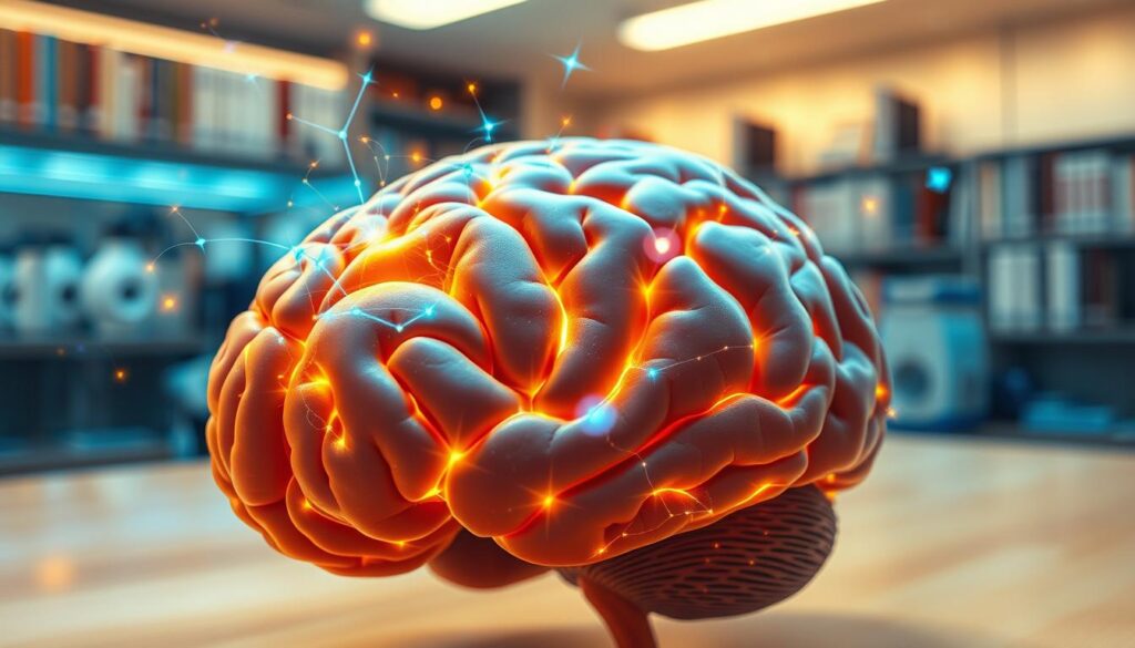 A visually captivating representation of neuroscience, illustrating the human brain's intricate structure and function. In the foreground, a detailed close-up of a human brain, showcasing neural pathways and synapses glowing with vibrant colors like electric blue and bright yellow, symbolizing activity and connectivity. In the middle ground, abstract representations of neurotransmitters and brain waves fluttering around, with soft sparkles and soft focus to create a dynamic feel. The background features a blurred lab setting with sleek, modern scientific equipment and bookshelves lined with neuroscience texts, enhancing the academic atmosphere. Warm lighting bathes the scene, creating an inviting and engaging mood that inspires curiosity and exploration. The image is composed with a gentle depth of field, ensuring the brain remains the focal point while providing context. A visually captivating representation of neuroscience, illustrating the human brain's intricate structure and function. In the foreground, a detailed close-up of a human brain, showcasing neural pathways and synapses glowing with vibrant colors like electric blue and bright yellow, symbolizing activity and connectivity. In the middle ground, abstract representations of neurotransmitters and brain waves fluttering around, with soft sparkles and soft focus to create a dynamic feel. The background features a blurred lab setting with sleek, modern scientific equipment and bookshelves lined with neuroscience texts, enhancing the academic atmosphere. Warm lighting bathes the scene, creating an inviting and engaging mood that inspires curiosity and exploration. The image is composed with a gentle depth of field, ensuring the brain remains the focal point while providing context.