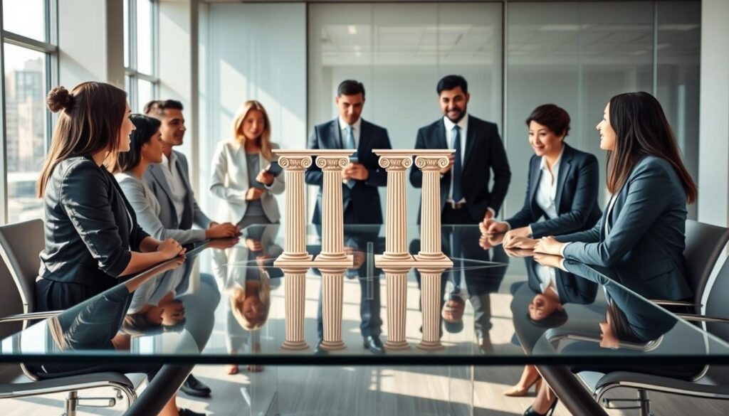 A visually striking representation of the "Pillars of Behavioral Intelligence." In the foreground, a diverse group of professional individuals dressed in smart business attire, engaged in an animated discussion around a large, transparent glass table. In the middle, abstract illustrations of four pillars, symbolizing key elements of behavioral intelligence: empathy, adaptability, communication, and self-awareness, elegantly rising from the table. The background features a modern office setting with large windows that allow natural light to flood the space, casting soft shadows. The mood is inspiring and collaborative, suggesting a dynamic environment of leaders exchanging ideas. Utilize a wide-angle lens for a broader view, highlighting both the people and the conceptual pillars in harmonious balance. A visually striking representation of the "Pillars of Behavioral Intelligence." In the foreground, a diverse group of professional individuals dressed in smart business attire, engaged in an animated discussion around a large, transparent glass table. In the middle, abstract illustrations of four pillars, symbolizing key elements of behavioral intelligence: empathy, adaptability, communication, and self-awareness, elegantly rising from the table. The background features a modern office setting with large windows that allow natural light to flood the space, casting soft shadows. The mood is inspiring and collaborative, suggesting a dynamic environment of leaders exchanging ideas. Utilize a wide-angle lens for a broader view, highlighting both the people and the conceptual pillars in harmonious balance.