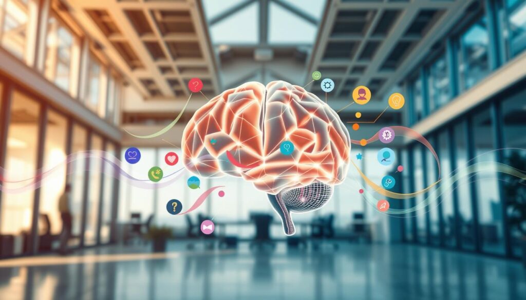 A visually striking representation of the concept "integration of emotions, actions, and results." In the foreground, an abstract human brain made of interconnected geometric shapes symbolizes intelligence and behavior, glowing softly. The middle ground features various emotions depicted as colorful, flowing waves surrounding the brain, illustrating the dynamic interplay between feelings and thought processes. In the background, a serene office environment with large windows, natural light pouring in, creating a bright and inspiring atmosphere. Use a professional camera angle that captures the brain prominently with a shallow depth of field to ensure clarity. The overall mood should be uplifting and motivational, showcasing the potential for success through behavioral intelligence. A visually striking representation of the concept "integration of emotions, actions, and results." In the foreground, an abstract human brain made of interconnected geometric shapes symbolizes intelligence and behavior, glowing softly. The middle ground features various emotions depicted as colorful, flowing waves surrounding the brain, illustrating the dynamic interplay between feelings and thought processes. In the background, a serene office environment with large windows, natural light pouring in, creating a bright and inspiring atmosphere. Use a professional camera angle that captures the brain prominently with a shallow depth of field to ensure clarity. The overall mood should be uplifting and motivational, showcasing the potential for success through behavioral intelligence.