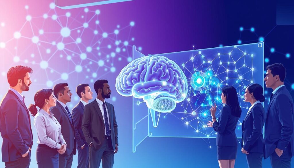 A vivid and engaging illustration depicting the theme of neuroscience research insights. In the foreground, a diverse group of professionals in smart business attire, deeply focused, are engaged in a discussion around a futuristic digital display showcasing brain activity patterns and data visuals. The middle ground features a transparent human brain with neural connections illuminated, symbolizing complex thoughts and behaviors. In the background, an abstract representation of a neural network, with glowing nodes and connections, conveys advanced research. The lighting is bright and modern, with a cool color palette of blues and purples to invoke a sense of innovation and discovery. The atmosphere is collaborative and thought-provoking, emphasizing the pursuit of knowledge and understanding in neuroscience. A vivid and engaging illustration depicting the theme of neuroscience research insights. In the foreground, a diverse group of professionals in smart business attire, deeply focused, are engaged in a discussion around a futuristic digital display showcasing brain activity patterns and data visuals. The middle ground features a transparent human brain with neural connections illuminated, symbolizing complex thoughts and behaviors. In the background, an abstract representation of a neural network, with glowing nodes and connections, conveys advanced research. The lighting is bright and modern, with a cool color palette of blues and purples to invoke a sense of innovation and discovery. The atmosphere is collaborative and thought-provoking, emphasizing the pursuit of knowledge and understanding in neuroscience.