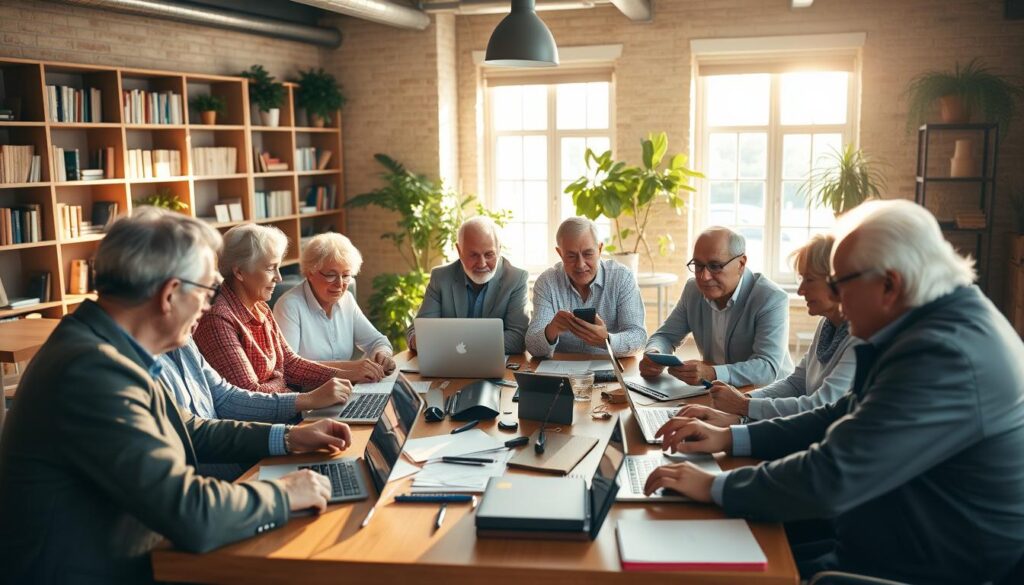 A warm and welcoming co-working space filled with older entrepreneurs collaborating on business ideas. In the foreground, a diverse group of senior individuals, both men and women, dressed in professional business attire, are engaged in a lively discussion around a large wooden table cluttered with laptops, tablets, and notepads. In the middle, sunlight streams through large windows, casting shadows and creating a vibrant atmosphere that suggests creativity and innovation. The background features shelves filled with books and plants, adding a touch of greenery. The overall mood is optimistic and empowering, capturing the essence of opportunities in entrepreneurship for the elderly, with a focus on teamwork and shared knowledge, shot with a soft-focus lens to enhance the inviting ambiance. A warm and welcoming co-working space filled with older entrepreneurs collaborating on business ideas. In the foreground, a diverse group of senior individuals, both men and women, dressed in professional business attire, are engaged in a lively discussion around a large wooden table cluttered with laptops, tablets, and notepads. In the middle, sunlight streams through large windows, casting shadows and creating a vibrant atmosphere that suggests creativity and innovation. The background features shelves filled with books and plants, adding a touch of greenery. The overall mood is optimistic and empowering, capturing the essence of opportunities in entrepreneurship for the elderly, with a focus on teamwork and shared knowledge, shot with a soft-focus lens to enhance the inviting ambiance.