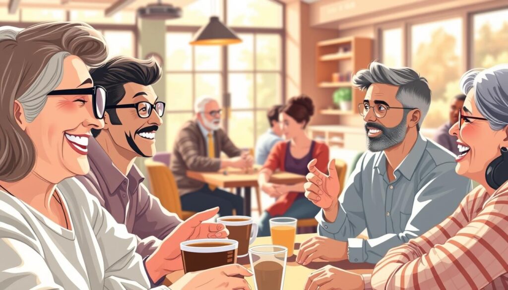 A dynamic and heartwarming illustration of social connection, featuring a diverse group of adults from different age groups and backgrounds engaging in lively conversation and activities. In the foreground, two smiling individuals—one with glasses and the other with a joyful expression—are exchanging ideas over coffee in a cozy setting, with their hands animatedly gesturing. In the middle ground, a group of friends is playing board games, fostering laughter and friendly competition. The background reveals a warm, inviting café with soft natural lighting streaming through large windows, creating a sense of comfort. Capture the essence of connection and community, emphasizing the significance of relationships in enhancing mental clarity and focus. The overall mood should be uplifting and encouraging, highlighting the importance of social bonds. A dynamic and heartwarming illustration of social connection, featuring a diverse group of adults from different age groups and backgrounds engaging in lively conversation and activities. In the foreground, two smiling individuals—one with glasses and the other with a joyful expression—are exchanging ideas over coffee in a cozy setting, with their hands animatedly gesturing. In the middle ground, a group of friends is playing board games, fostering laughter and friendly competition. The background reveals a warm, inviting café with soft natural lighting streaming through large windows, creating a sense of comfort. Capture the essence of connection and community, emphasizing the significance of relationships in enhancing mental clarity and focus. The overall mood should be uplifting and encouraging, highlighting the importance of social bonds.