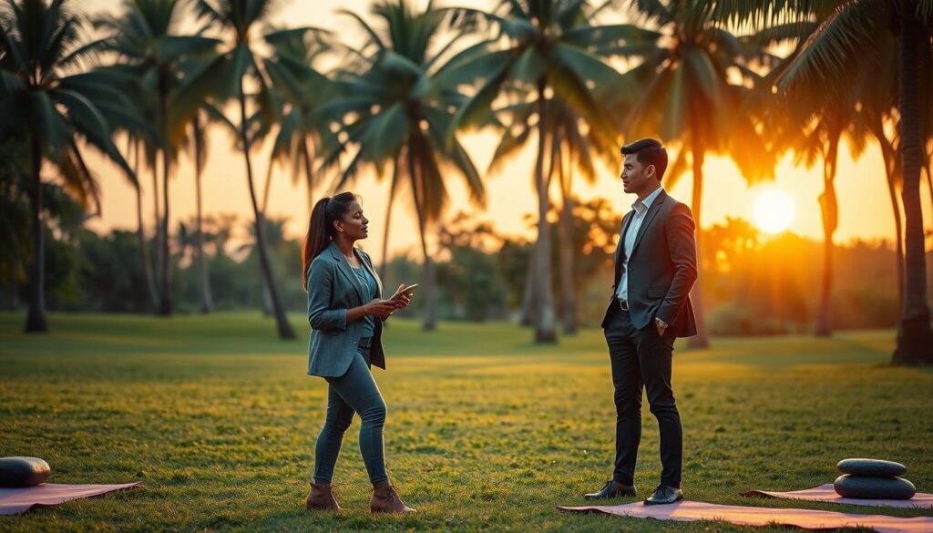 A serene Brazilian landscape showcasing the concept of neurowellness, featuring a diverse group of three professionals in a lush green park setting, engaging in a collaborative discussion. In the foreground, a middle-aged Black woman in a smart casual outfit is sharing ideas with a young Asian man wearing business casual. In the background, a vibrant sunset casts a warm golden glow over the scene, filtering through tall palm trees. Include elements like yoga mats and meditation stones scattered around to symbolize mindfulness and wellness practices. The atmosphere should be tranquil yet inspiring, emphasizing connection and the pursuit of health in the context of Brazilian culture. Use soft lighting to enhance the peaceful vibe, employing a shallow depth of field to focus on the individuals while maintaining a slightly blurred background. A serene Brazilian landscape showcasing the concept of neurowellness, featuring a diverse group of three professionals in a lush green park setting, engaging in a collaborative discussion. In the foreground, a middle-aged Black woman in a smart casual outfit is sharing ideas with a young Asian man wearing business casual. In the background, a vibrant sunset casts a warm golden glow over the scene, filtering through tall palm trees. Include elements like yoga mats and meditation stones scattered around to symbolize mindfulness and wellness practices. The atmosphere should be tranquil yet inspiring, emphasizing connection and the pursuit of health in the context of Brazilian culture. Use soft lighting to enhance the peaceful vibe, employing a shallow depth of field to focus on the individuals while maintaining a slightly blurred background.