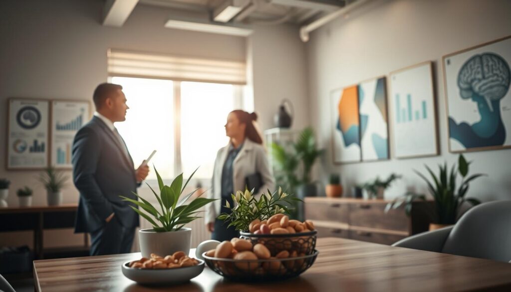 A serene and contemplative workspace emphasizing brain health care. In the foreground, a diverse group of three professionals in business attire are engaged in a discussion, surrounded by brain-focused visual aids, such as charts and diagrams. The middle ground features a large window letting in soft morning light, casting gentle shadows on a potted plant and a table filled with healthy snacks like nuts and fruits, symbolizing nourishment for the mind. In the background, calming colors and abstract art pieces reflect tranquility and focus. The atmosphere is positive and inspiring, encouraging a sense of well-being and intellectual curiosity, with a depth of field that gives a soft blur to the background elements while keeping the professionals sharply in focus. A serene and contemplative workspace emphasizing brain health care. In the foreground, a diverse group of three professionals in business attire are engaged in a discussion, surrounded by brain-focused visual aids, such as charts and diagrams. The middle ground features a large window letting in soft morning light, casting gentle shadows on a potted plant and a table filled with healthy snacks like nuts and fruits, symbolizing nourishment for the mind. In the background, calming colors and abstract art pieces reflect tranquility and focus. The atmosphere is positive and inspiring, encouraging a sense of well-being and intellectual curiosity, with a depth of field that gives a soft blur to the background elements while keeping the professionals sharply in focus.