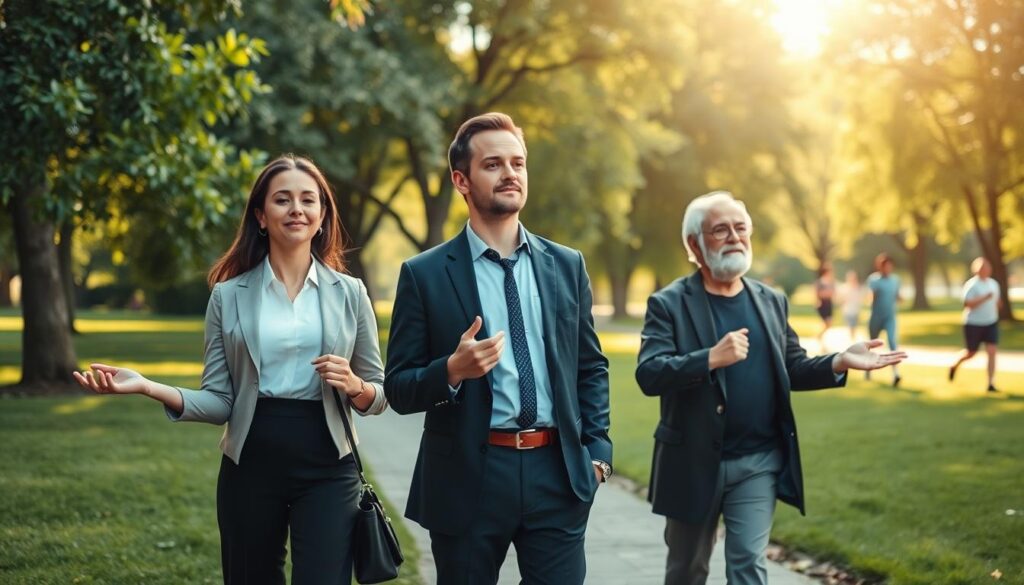 A serene and inspiring scene showcasing "práticas para longevidade cerebral." In the foreground, a diverse group of three professionals (a middle-aged woman, a young man, and an elderly man) engaging in mindfulness exercises and cognitive activities, dressed in professional business attire. In the middle ground, a tranquil park setting with lush greenery and gentle pathways, where people are seen participating in healthy lifestyle choices like light jogging and yoga, highlighting physical wellness. The background features soft, dappled sunlight filtering through the trees, creating an uplifting and warm atmosphere. The image composition should have a gentle focus, capturing the essence of wellness and longevity, with bright colors and a harmonious balance to evoke a sense of hope and vitality. A serene and inspiring scene showcasing "práticas para longevidade cerebral." In the foreground, a diverse group of three professionals (a middle-aged woman, a young man, and an elderly man) engaging in mindfulness exercises and cognitive activities, dressed in professional business attire. In the middle ground, a tranquil park setting with lush greenery and gentle pathways, where people are seen participating in healthy lifestyle choices like light jogging and yoga, highlighting physical wellness. The background features soft, dappled sunlight filtering through the trees, creating an uplifting and warm atmosphere. The image composition should have a gentle focus, capturing the essence of wellness and longevity, with bright colors and a harmonious balance to evoke a sense of hope and vitality.